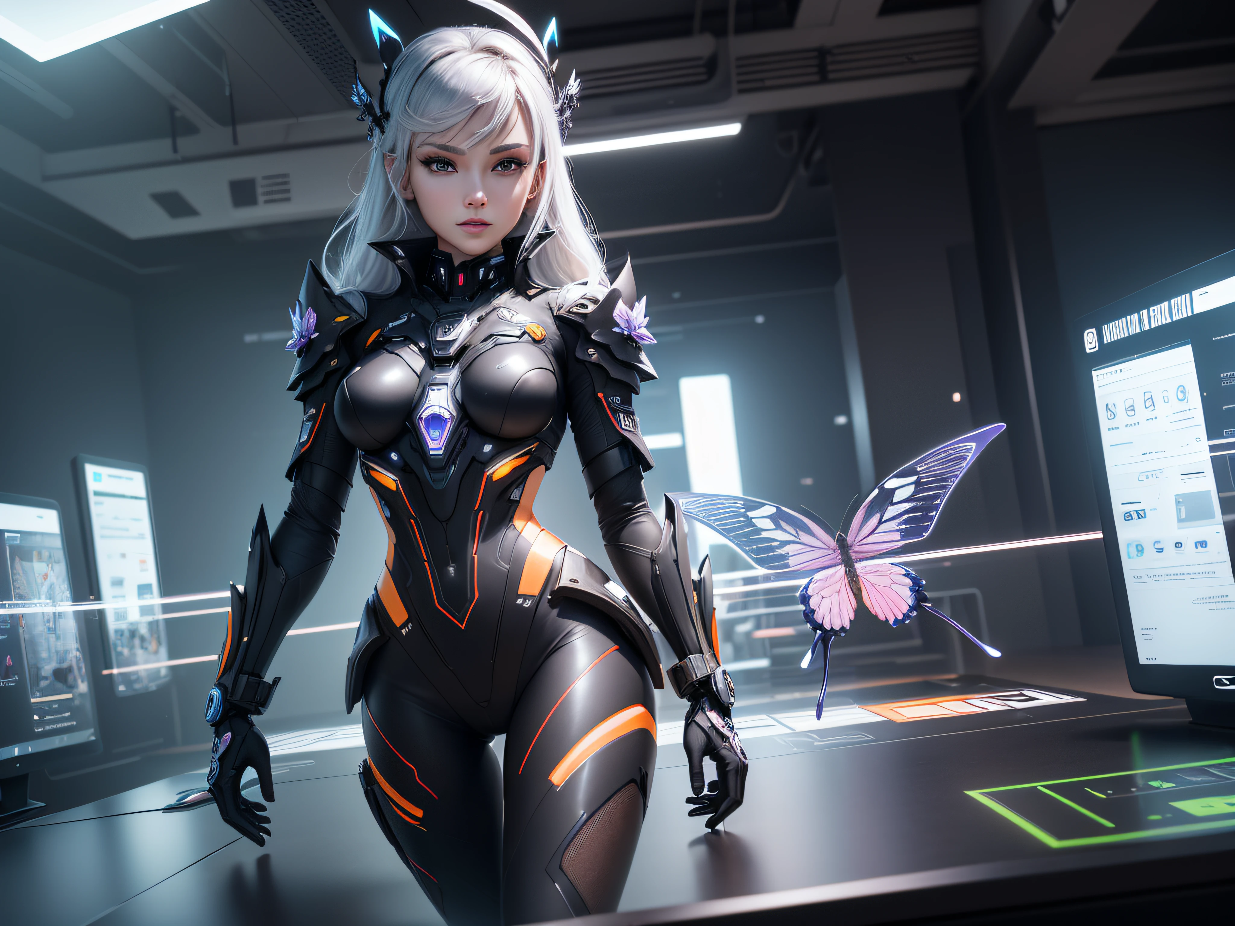 8k, ultra high definition, unreal engine, ultra detailed, ultra high resolution, ultra focus, beautiful girl, dark skin, elf ears, nebula eyes, forehead horns, white hair, braided hair, cyberpunk nose mask, gorgeous thick body, cyberpunk clothes, transparent butterfly, cyberpunk city, beautiful cyber wings pattern, ultra giant butterfly wings, ultra giant butterfly wings, ultra detailed body, ultra detailed clothes, ultra detailed skin, ultra detailed hands, ultra detailed fingers, ultra detailed wings, front view,