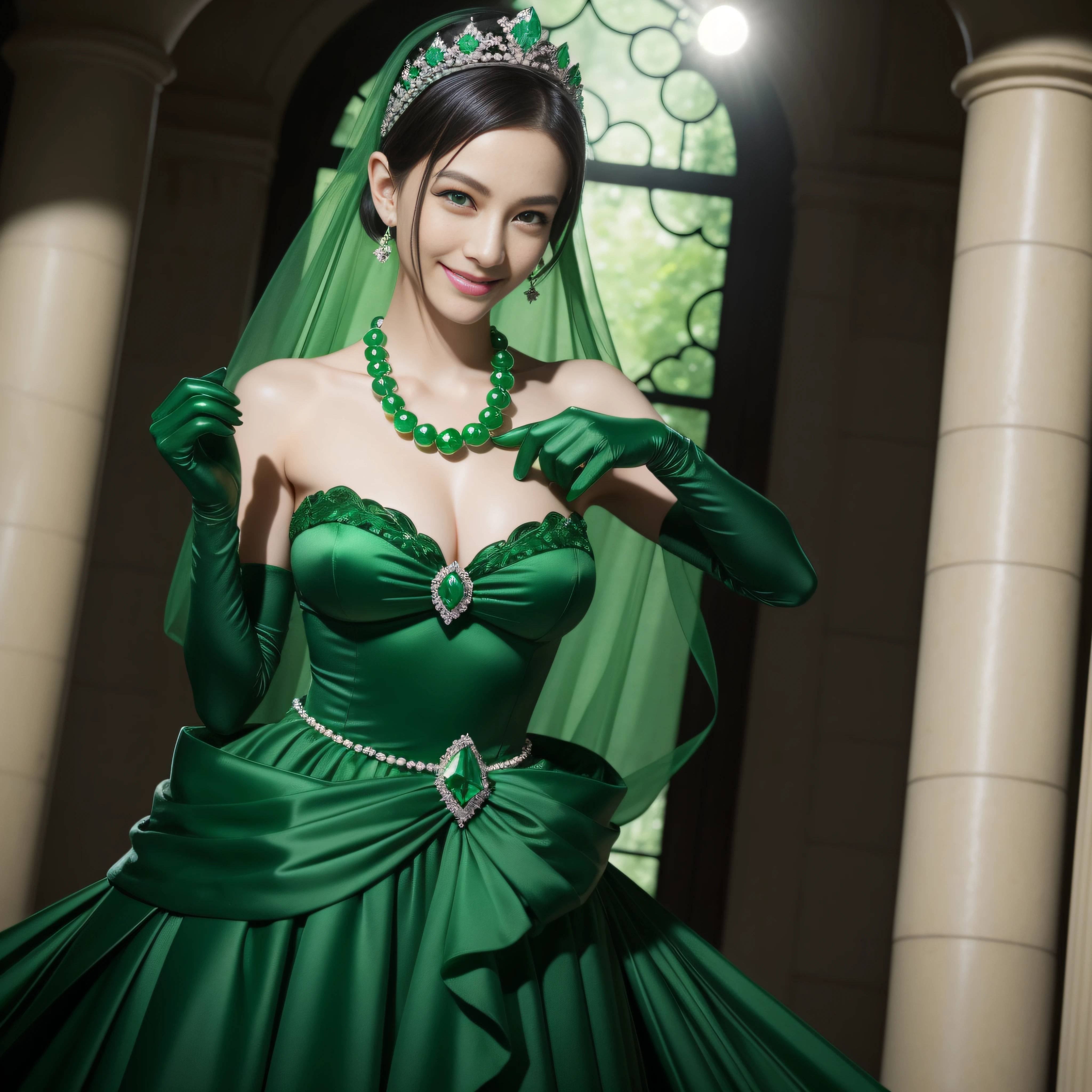 emerald tiara, Green Pearl Necklace, Boyish very short black hair, lipsticks, Japan woman smiling, very short short hair, big breasts beautiful, Green eyes, Long green gloves made of satin material, Green eyes, Emerald Earrings