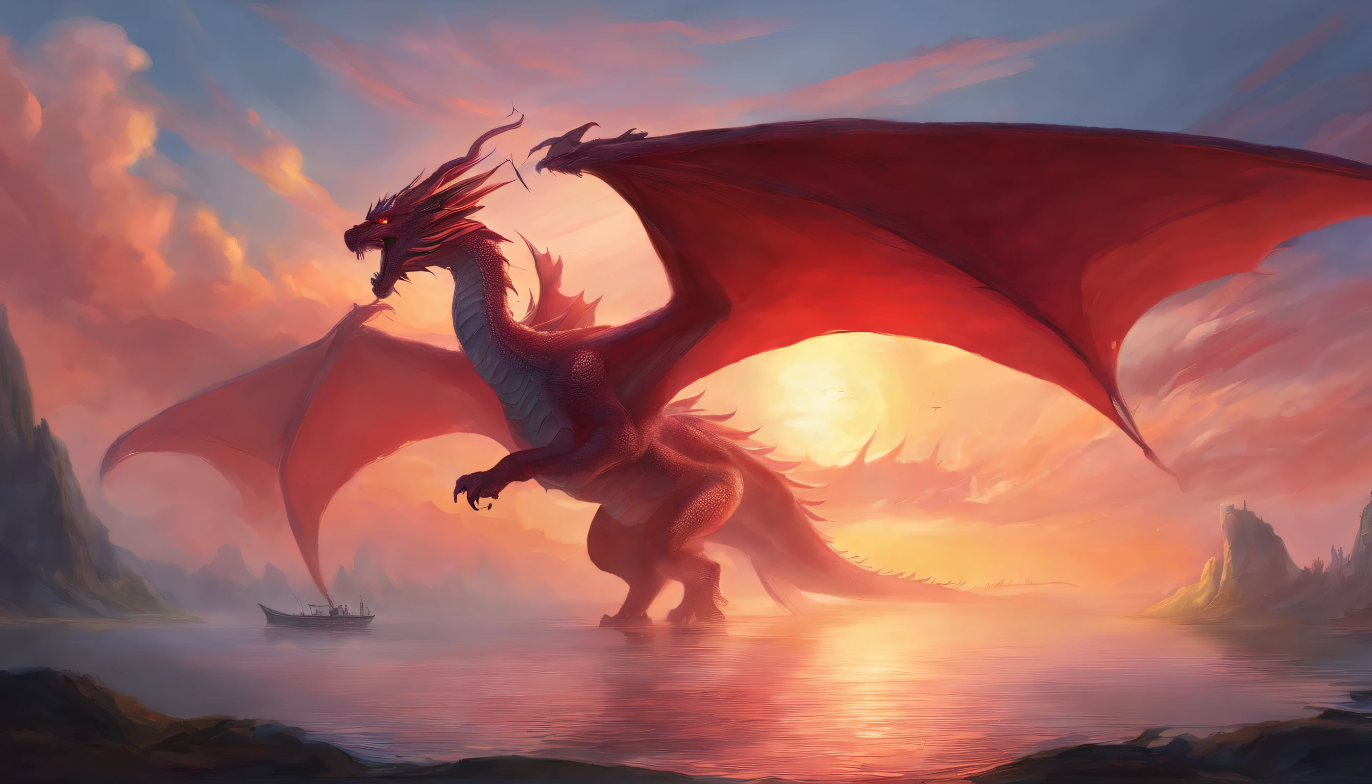 Red dragon painting in the sky, voando sobre um mar revolto, epic fantasy art, epic fantasy game art, d & D Arte Digital Fantasia, Epic Fantasy Digital Art Style, Dungeons and Dragons Arte de fantasia, d & d fantasy art, epic fantasy painting, d & d fantasia pintura digital, surpreendente d & D arte