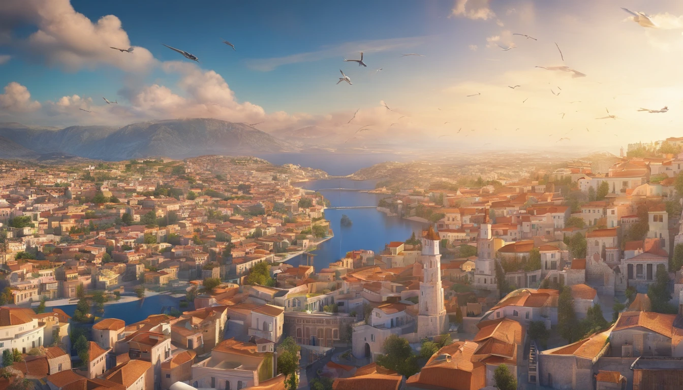 greek myth, mito, (Full body lens: 1.0), Dutch angle, Back to back, 1 female, full bodyesbian, Background of flying European city in the sky, ultra-wide-angle, High-altitude overlooking, Perspective