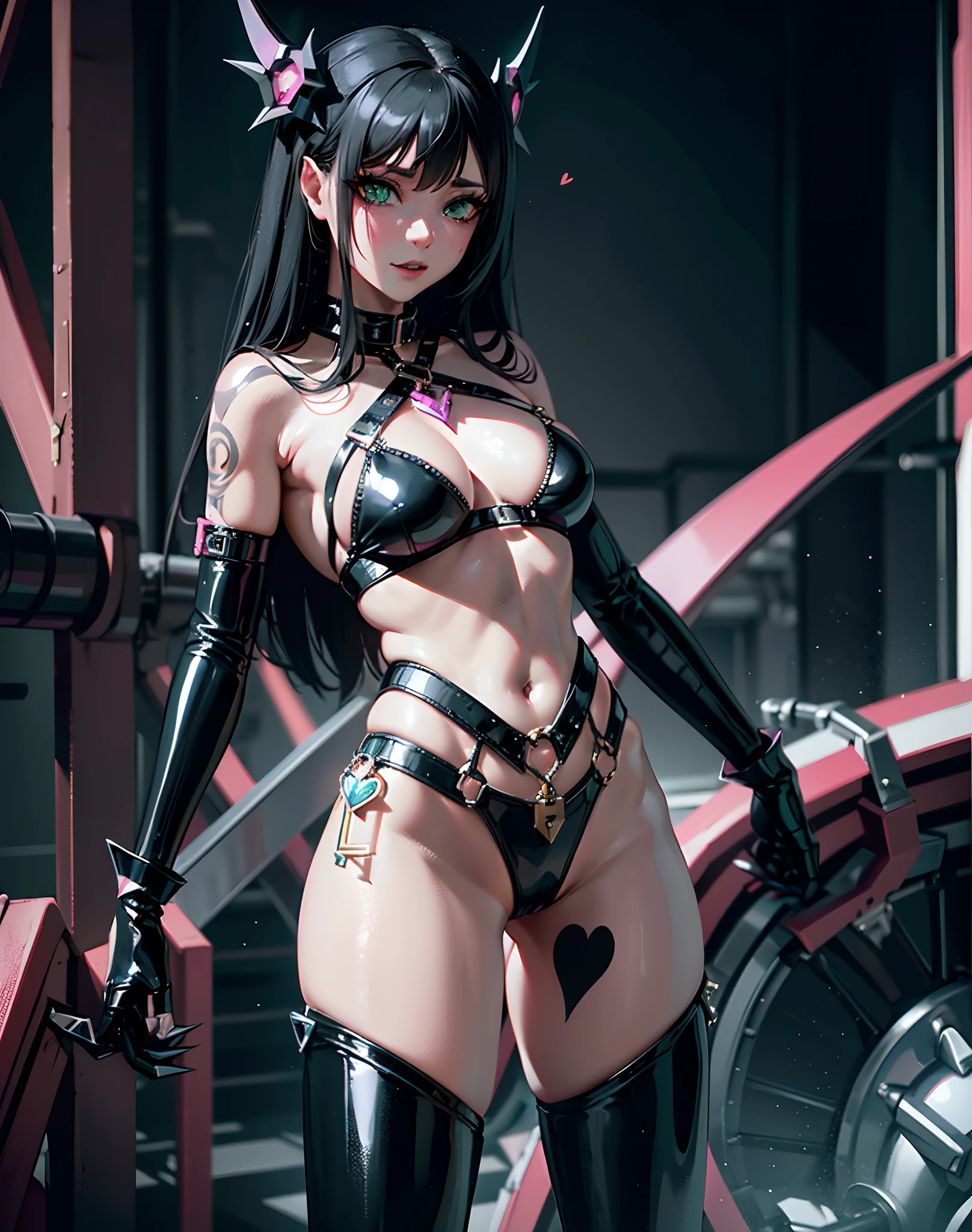 Evil magical girl in exhibitionist costume standing alone. Her outfit consists of latex fabric and transparent tights. She wears sharp black bikini armor. chastity belt. Metal pants.Pants with key. Sharp claws on her fingertips. Heart tattoo around her navel. Green eyes shining with light. Futuristic machine on background