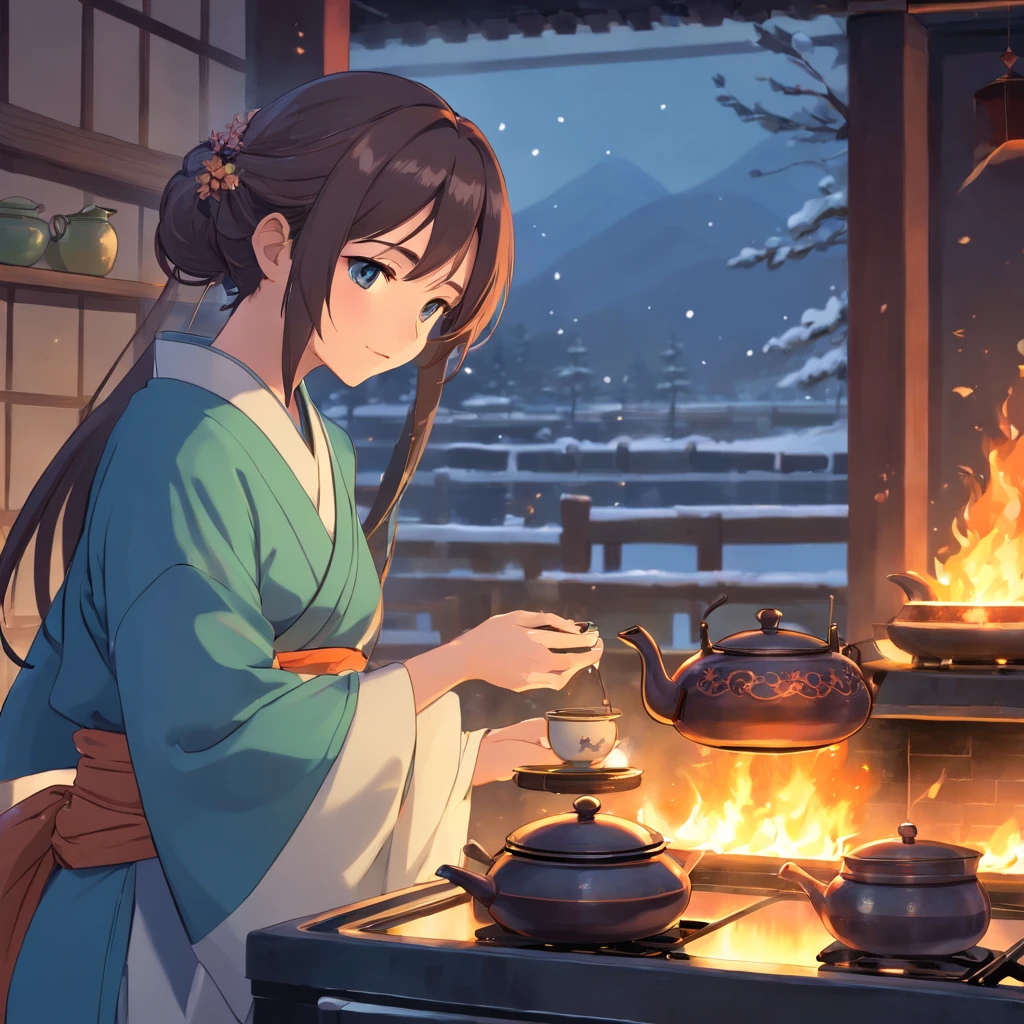 Snowy days,In the Lake Pavilion,Anime girl in Hanfu standing next to a teapot, Boiling a teapot over a charcoal fire on the stove, Side Body,stove,charcoal fire,
