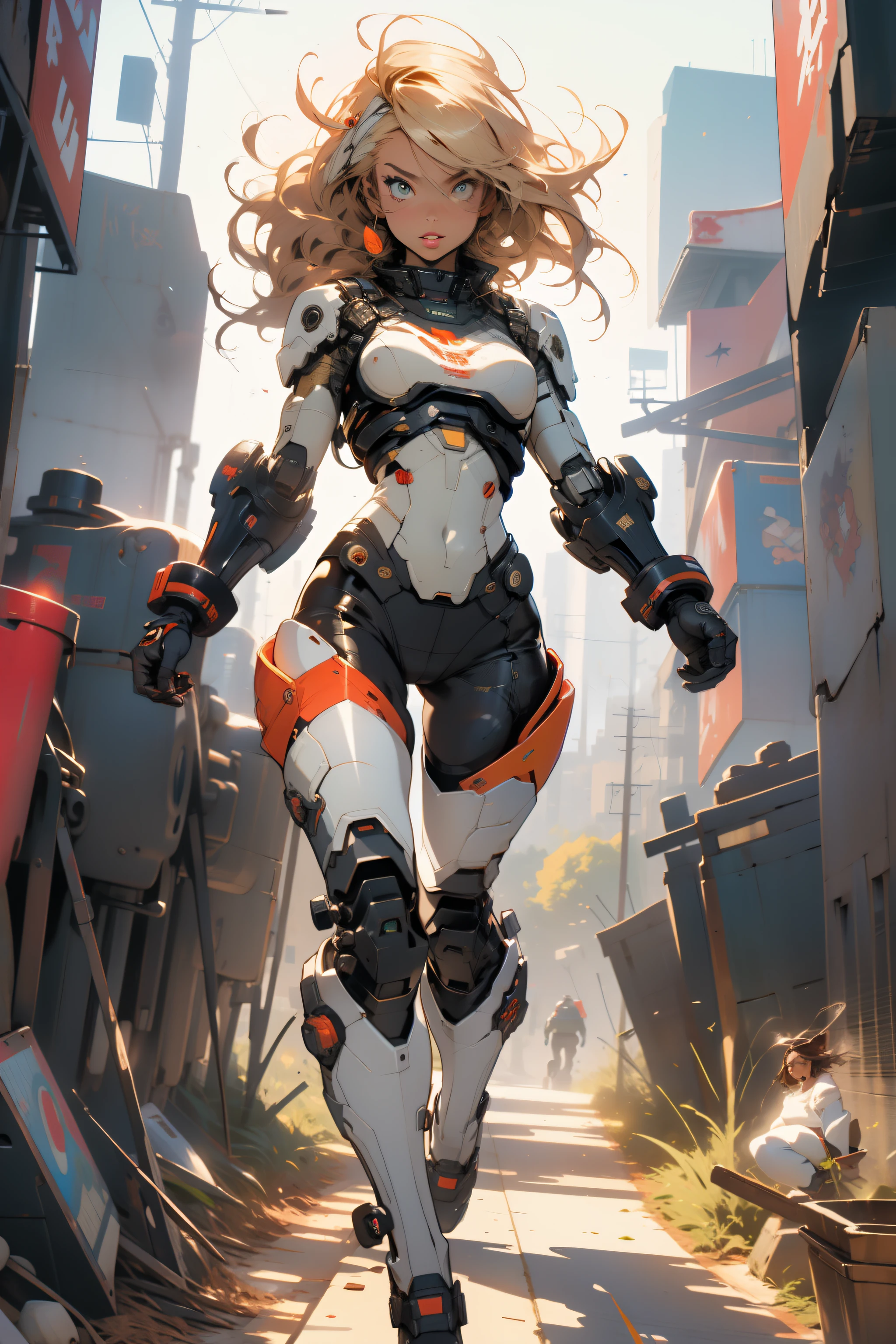((Best quality)), ((masterpiece)), (detailed: 1.4), (Absurd), (((full body)), (((woman))), 35-year-old woman, perfect eyes, well-defined eyes, Beautiful thin woman, giant robot pilot, wild with perfect body, wearing little clothing, tiny thong, clothing with Japanese graphic patterns, halftone pattern and vertical stripes, yellow gold, coming out of the body of a giant robot, thigh gap, dynamic action pose,