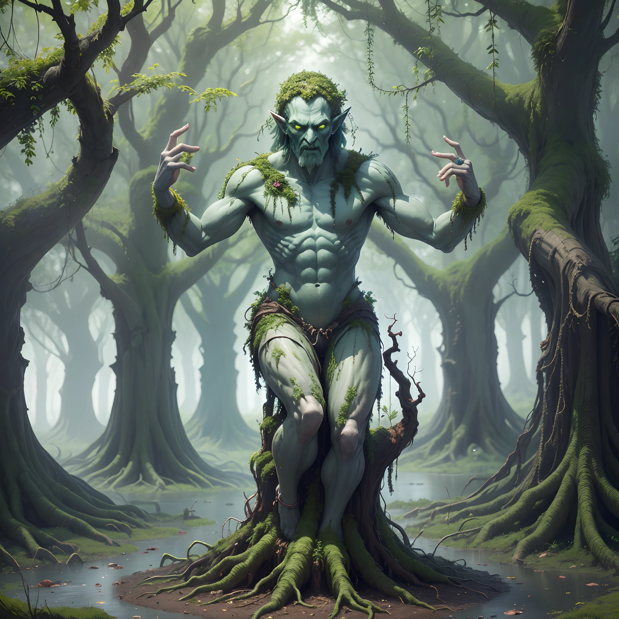No skin exposure, Clothes wear, Full-body figure, Close-up of a monster figurine reaching out, Statue inspired by Edgar Schofield Baum, reddit, mingei, of an evil tree wizard, treebeard, ent treant dryad, gnoll, Spriggans, Oak fused with vines, Demonfangnor, Humblewood Art Style, Fire Golem Creature, tree druid, 3D illustration of zombie man in green costume, Statue inspired by Igor Morski, shutterstock, conceptual art, People made of wood, He is covered with barnacles, Oak fused with vines, Deformed human body, About the swamp, Green Man, Humanoid Creatures, Mossy statue of Nicolas Cage, A towering giant made of zombies, treebeard, But