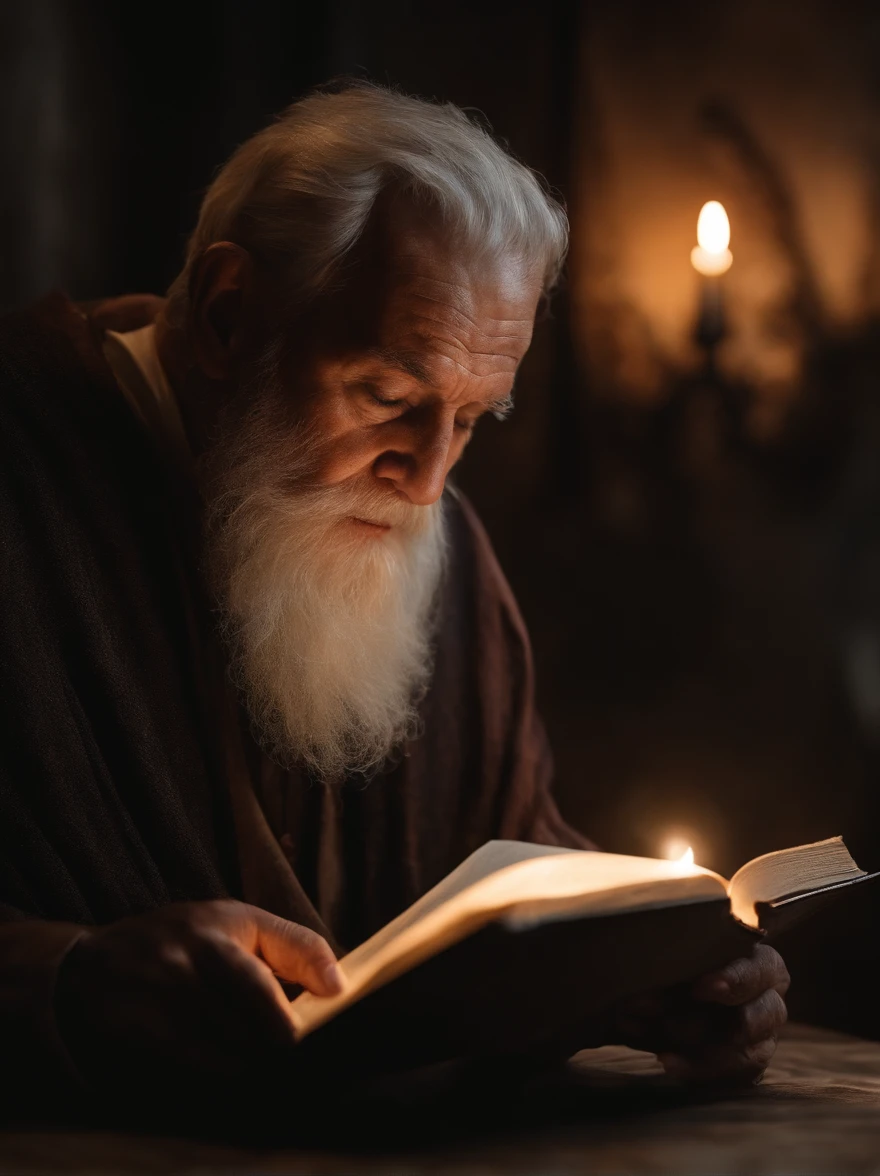 (Biblical times) To the left of the image is an old man,Holding a glowing book in his hand, To the right of the image is a terrifying demon (Biblical times) depth of fields, Bokeh, hentail realism, Fotorrealista, ultra-realistic realism, professional photoshooting, 8K UHD , Digital SLR, hdr , Master tablets, best qualityer, Granular film, photorealistic paintings, Fujifilm XT3