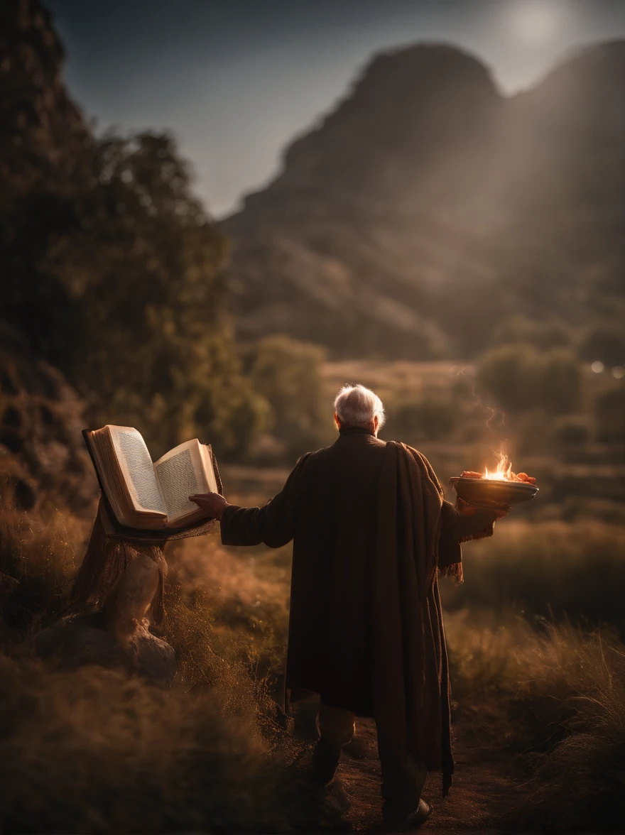 (Biblical times) To the left of the image is an old man,Holding a glowing book in his hand, To the right of the image is a terrifying demon (Biblical times) depth of fields, Bokeh, hentail realism, Fotorrealista, ultra-realistic realism, professional photoshooting, 8K UHD , Digital SLR, hdr , Master tablets, best qualityer, Granular film, photorealistic paintings, Fujifilm XT3