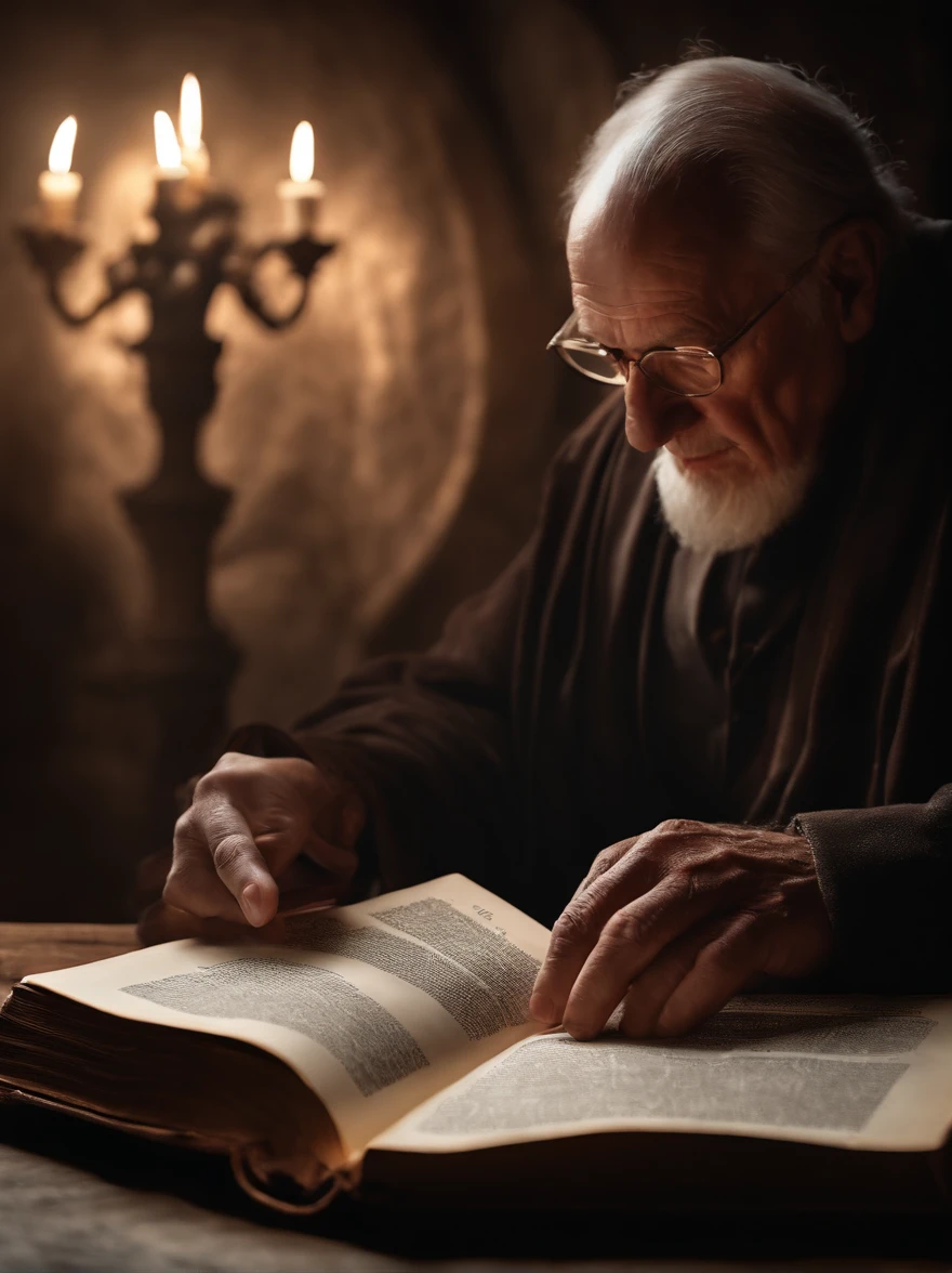 (Biblical times) To the left of the image is an old man，Holding a glowing book in his hand, To the right of the image is a terrifying demon (Biblical times) depth of fields, Bokeh, hentail realism, Fotorrealista, ultra-realistic realism, professional photoshooting, 8K  UHD , Digital SLR, hdr , Master tablets, best qualityer, Granular film, photorealistic paintings, Fujifilm XT3