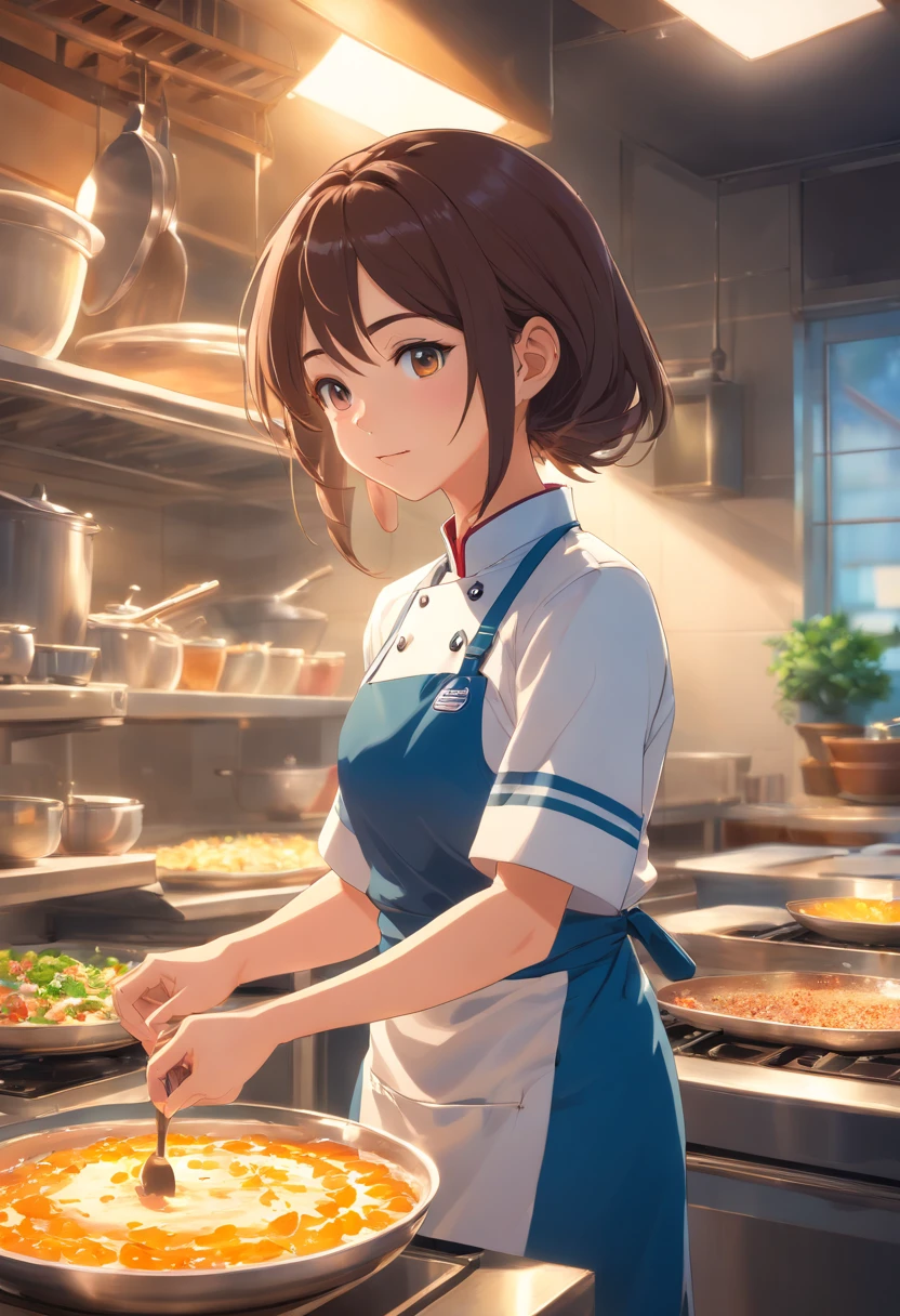 (best quality,4k,8k,highres,masterpiece:1.2),ultra-detailed,(realistic,photorealistic,photo-realistic:1.37),portraits,1 girl, chef, wearing chef uniform, miniskirt, beautiful detailed eyes and lips, elegant,creative,soft lighting,warm tones,kitchen,artistic,culinary,professional,food art,culinary art,presentation,baking,gourmet cooking,colorful ingredients,delicious aroma,culinary spices,handcrafted,innovative techniques,cutting-edge cookware,meticulous plating,flavors harmonizing,passionate,dreamlike backdrop,masterpiece unfold, gastronomic experience