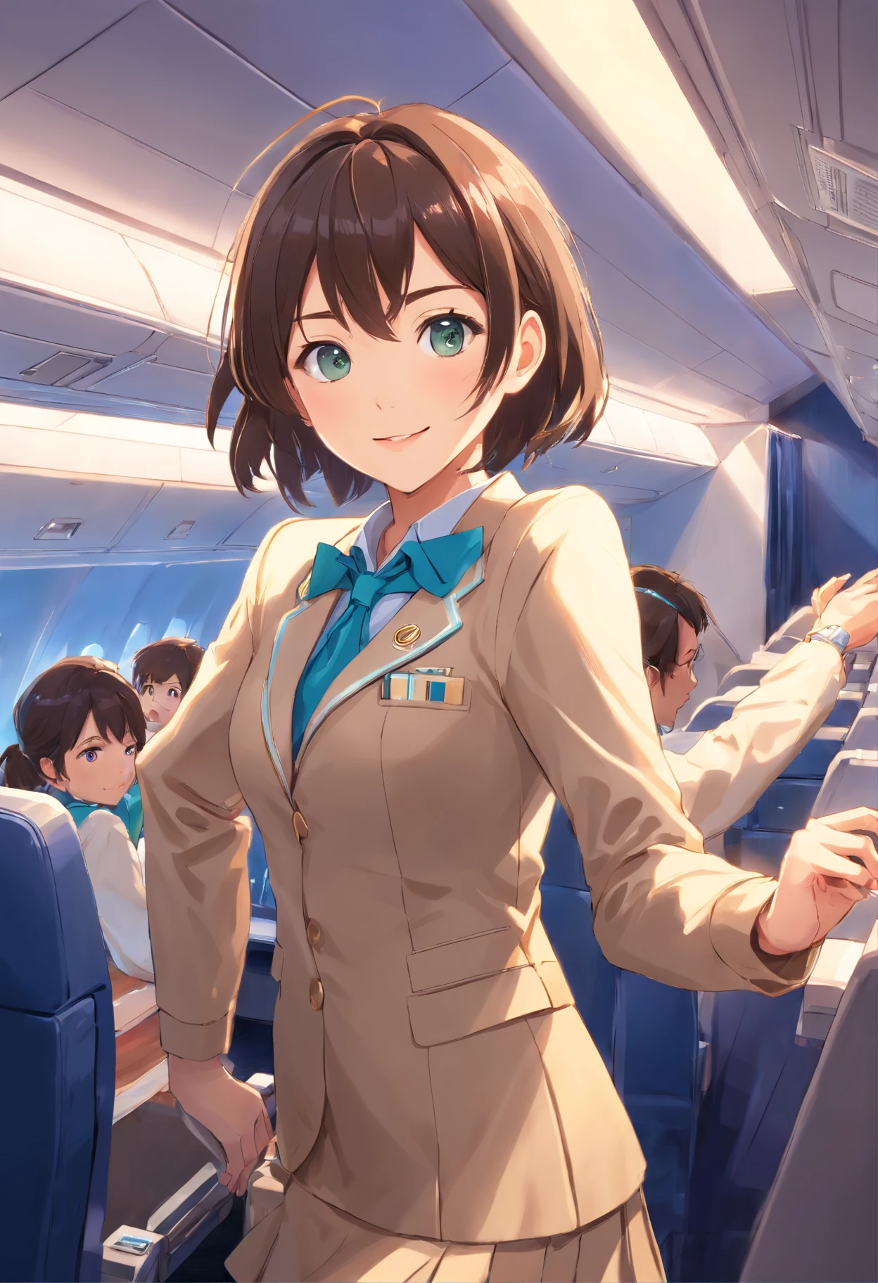 (best quality,ultra-detailed,realistic:1.37),portrait,aviation,skilled, air stewardess, flight attendant,1 girl,pilot,female,beautiful detailed eyes,beautiful detailed lips,smile,wearing air stewardess uniform, wearing flight attendant uniform,mini skirt, confident expression,stunning,professional,studio lighting,vivid colors, artistic