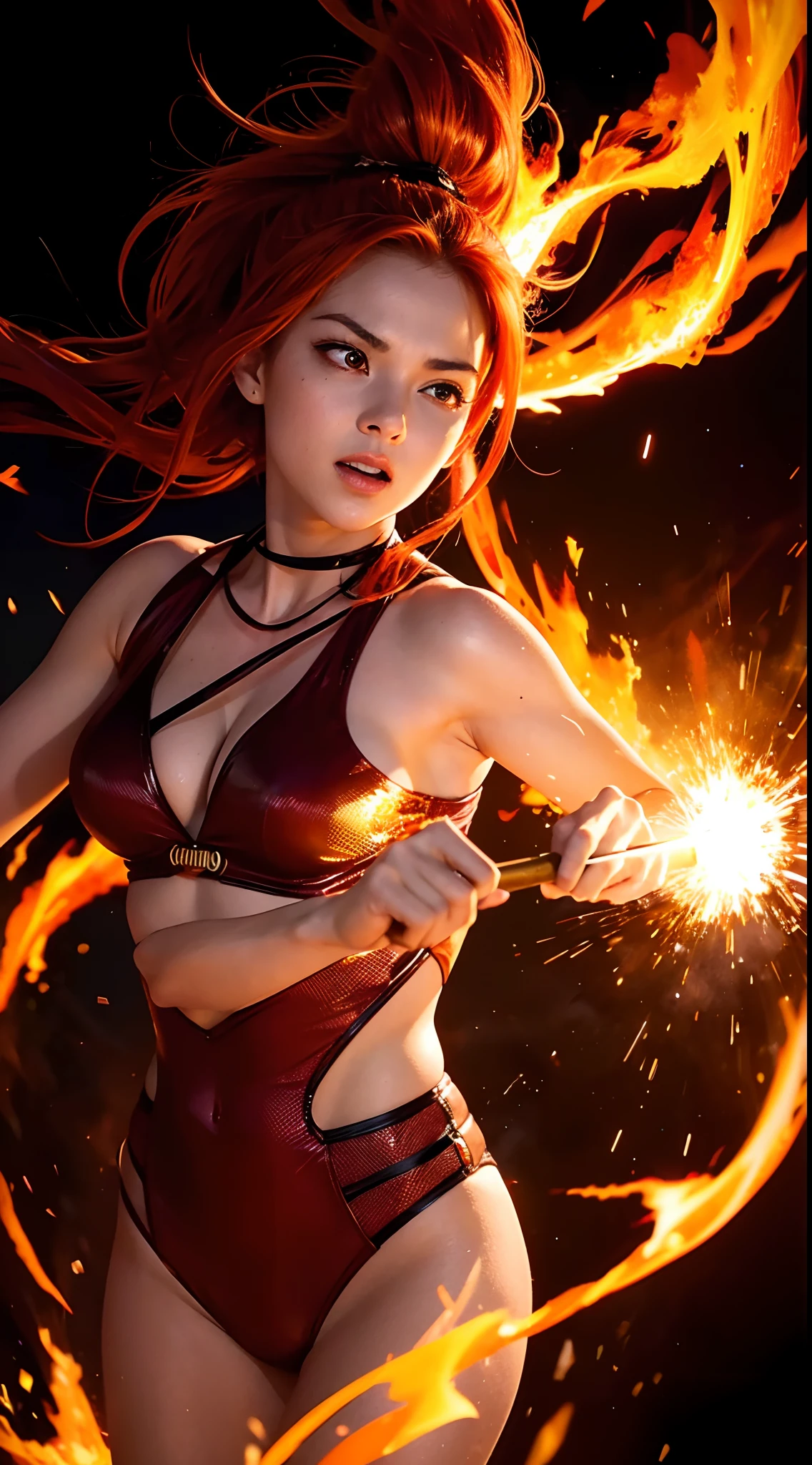 Girl playing with fire, ablaze with intensity, Glowing embers, Swirling smoke, Mesmerizing action, Flowing red hair, sparks flying, Fearless expression, Dark background, Intense lighting, Fiery atmosphere, dynamicposes, Dangerous beauty, Fascinating energy, Burning passion, Thrilling suspense, intense heat, Scorching flame, dramatic contrast, Smoky veil, fiery glow, Enchanting dance, Strong presence, Flashing shadows, Fiery artwork, Vibrant colors, blazing infero, Hypnotic flame, daring adventure, Her eyes shone with a blazing light, Heat waves, Glowing embers fall, Exhilarating performance, Blazing sparks in the night, adrenaline rush, Radiant warmth, Breathtaking spectacle, Raw intensity, Fiery passion is unleashed.