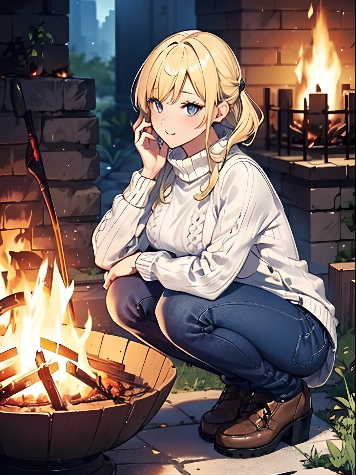 1 girl, (solo), ((sfw:1.25)), (matured woman), milf, ((beautiful detailed eyes:1.2, fine detailed face)), (dark mahogany medium short hair, updo, wavy hair), (wearing turtle neck sweater), ((detailed cable-knit sweater:1.2)), (navy blue skinny denim), with roasting skewered sweet potatoes over a bonfire, (squatting near bonfire with putting stick into the fire:1.25), looking at fire, (outdoor:1.2), in a garden, fallen leaves, (ultra high resolution, 8K RAW photo, super realistics, high detailed, masterpiece, clear focus), ((correct anatomy:1.2)), ((from center of front)), focusing fires,