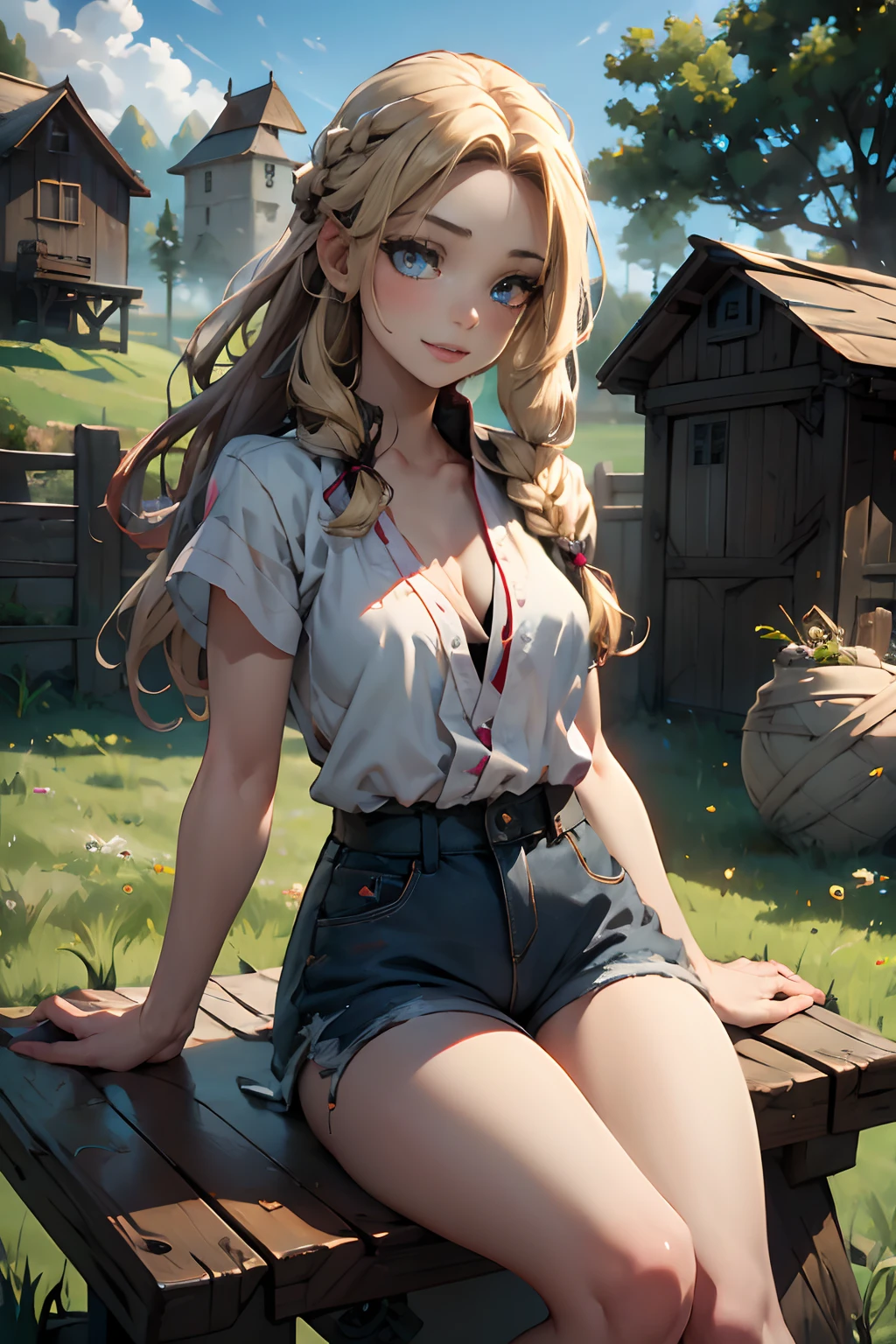 🧝🏼♀️,cute girl sitting on a bale of hay, long hair, blonde hair, red patchy plaid shirt, cleavage, small breasts, standing, against hay bale, blue jean shorts, cowboy boots, smiling, blue eyes, hay bale, standing, farm scenery, day time, realistic:1.2, outdoors, red plaid shirt, (skin, realistic:1.2), braided hair, black hair,, (hyper realism:1.3), parted lips