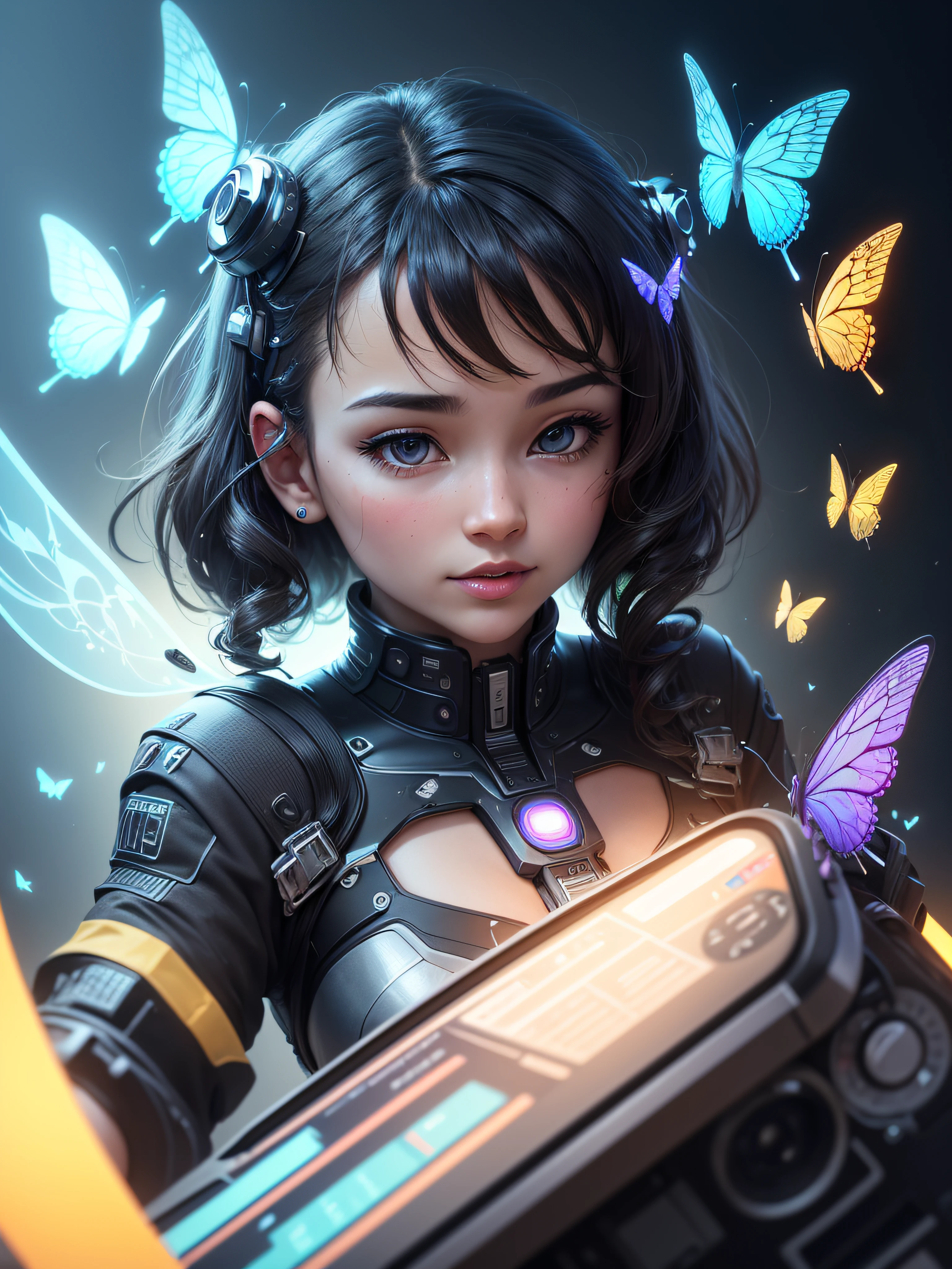 best quality, ultra-detailed ,realistic ,smartphone without human, modern, The transparent metal finish shows the internal circuitry, edge-to-edge display, colorful on phone screen with butterflies and lotus flowers, colorful digital fantasy art, thin bezels, crystal clear screen, vibrant colors, sleek design, high-tech features, multi-camera system, artificial intelligence, seamless user experience, advanced technology, interconnected world, smart assistant, voice commands, fast processing, high storage capacity, long battery life, wireless charging, social media integration, navigation apps, entertainment on the go, unlimited access to information, endless possibilities, future of communication.