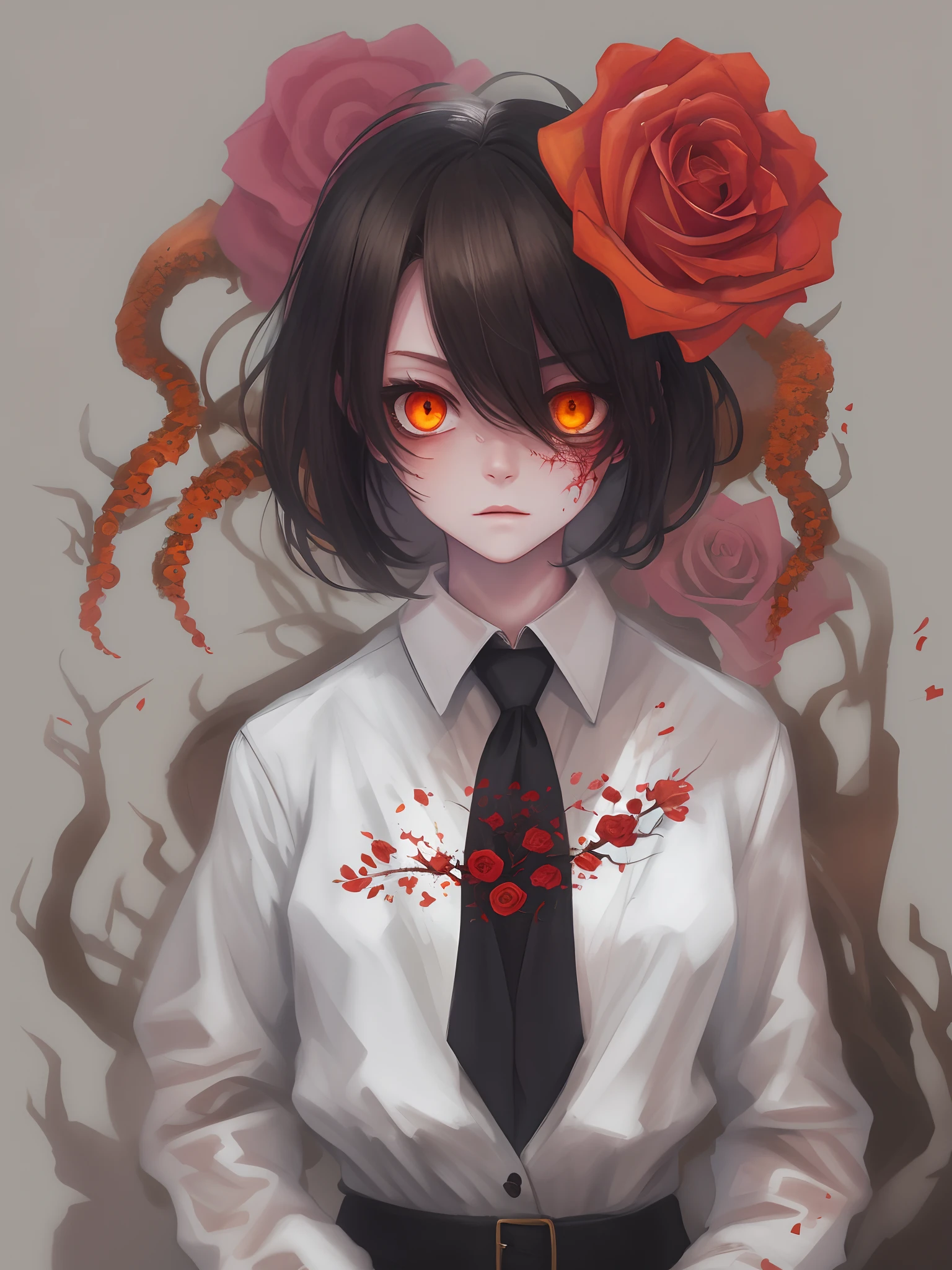 (arielpstyle:1.0), dark, horror, creepy, creepy-looking, painting, lovecraftian, , , ameinu, black hair, black jacket, brown hair, demon, flower, highres, jacket, orange eyes, red flower, red rose, rose, shirt, short hair, white shirt