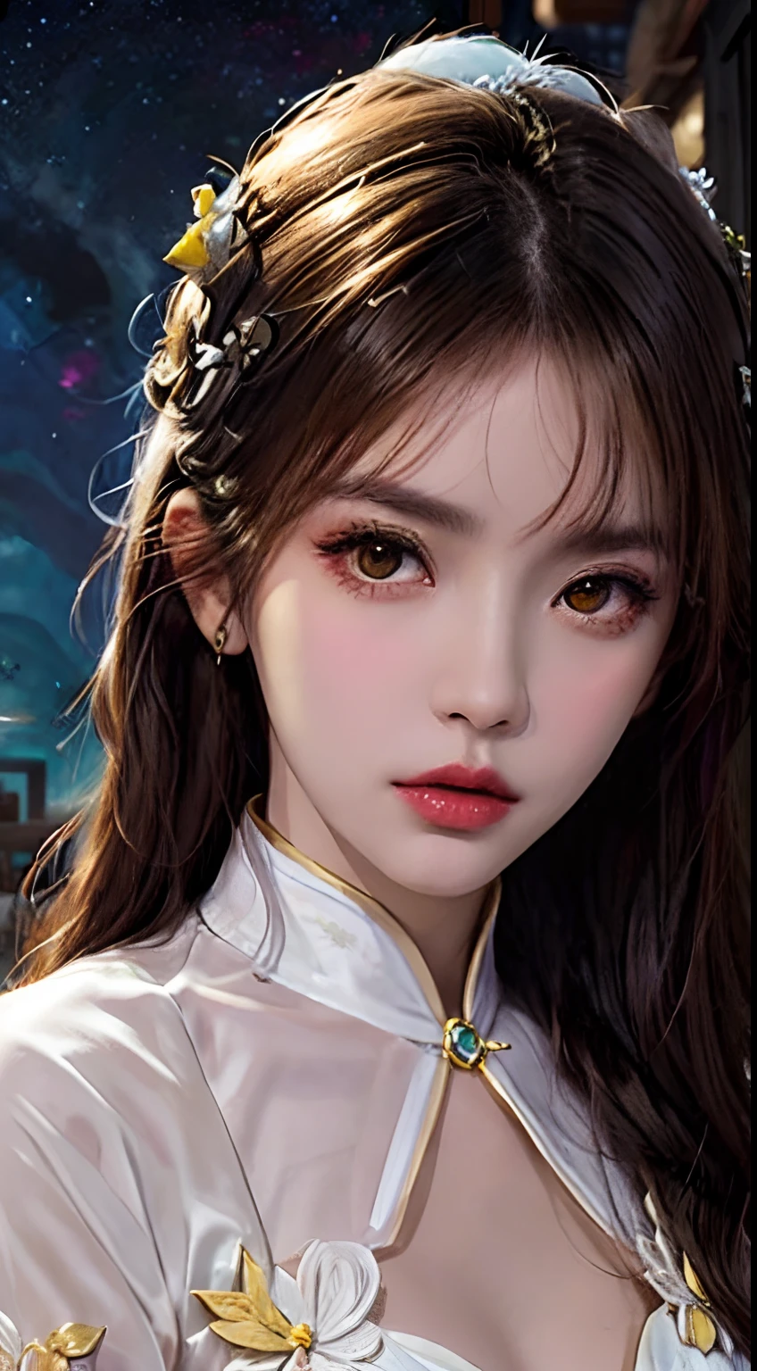 1 27-year-old girl, 1 zodiac goddess from the future, goddess of the pink and purple 12 zodiacs, the goddess of the zodiac in a yellow ao dai, a 12 zodiac ao dai with many black lace detail, mythology Goddess of the 12 zodiacs from the future, zodiac ♏, luxurious glittering zodiac style, dark and mysterious version, zodiac crown, lipstick lips red, thin and beautiful lips, mouth closed, characters made by karol bak and pino daeni, intricate detail, detailed background, extremely detailed, light magic, a woman, clear face, hair long with bangs, beautiful face in detail and well-proportioned eyes, (transparent yellow eyes: 1.8), big round eyes and very beautiful and detailed makeup, foresight, silk dress, mysterious makeup , double bangs and dyed light blonde , upper half portrait, zodiac goddess portrait, arms hanging loosely, Realistic and vivid photo, (stars make up the zodiac: 1.7), (sky background zodiac and fictitious space and time portal: 1.8), fiction art, RAW photo, hanfu picture, best photo, best photo quality, 8k quality, 8k ultra, super realistic, real photo most economical, the goddess poses sexy and seductive,