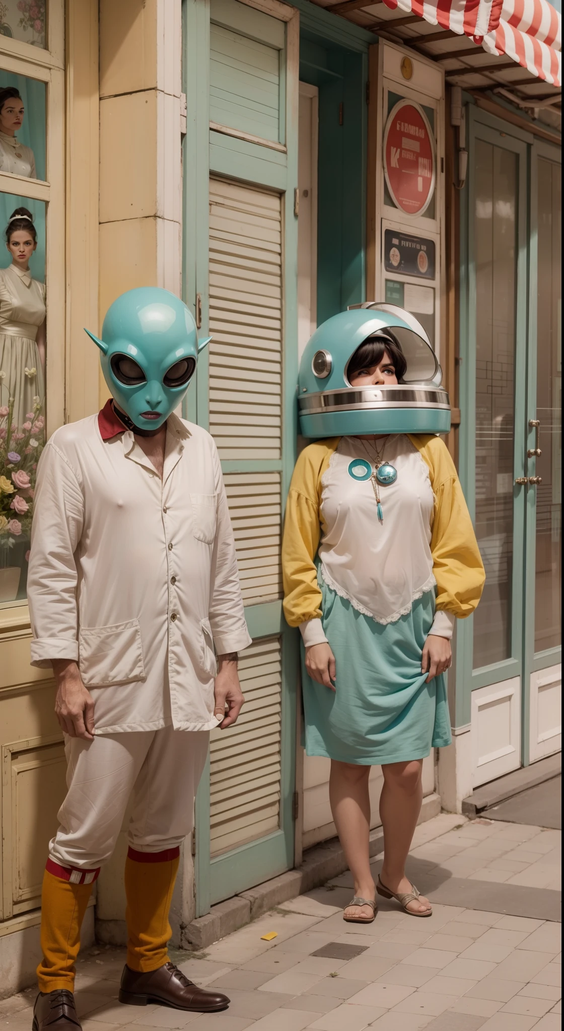 8k portrait of a 1960s science fiction film by Wes Anderson, em 1960, pastels colors, There are people wearing weird futuristic masks and wearing extravagant retro fashion outfits and men and women wearing alien makeup and old ornaments with mechanical pets in town, Luz Natural, Psicodelia, futurista estranho, fotorrealista, hiper detalhado, foco nítido, Intrinsic, Fuji filmes 55mm,