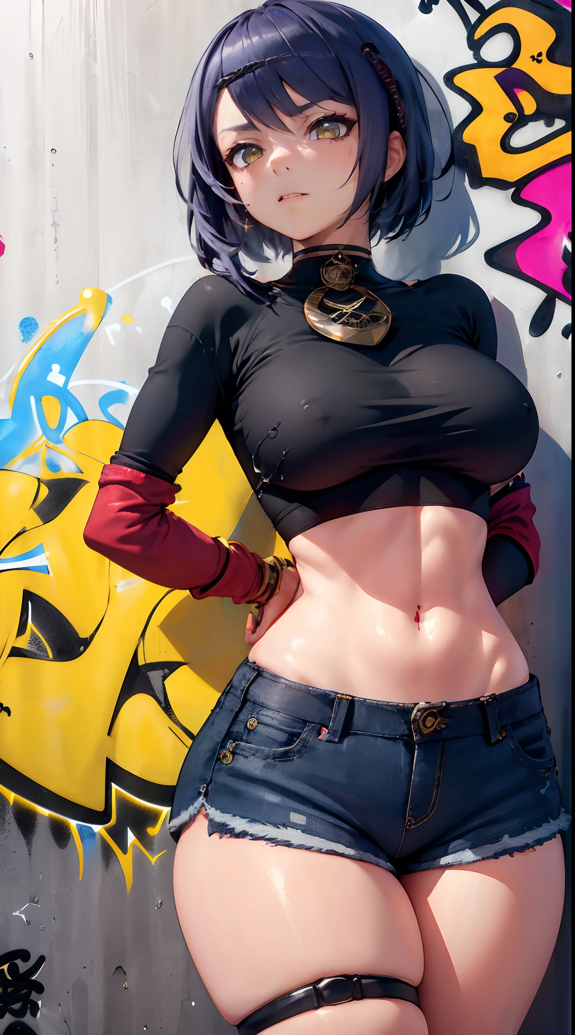Kujou Sara Genshin Effect, masterpiece, bestquality, 1girls, oversized breasts, bara, crop top, shorts jeans, choker, (Graffiti:1.5), Splash with purple lightning pattern., arm behind back, against wall, View viewers from the front., Thigh strap, Head tilt, bored, water eyes,