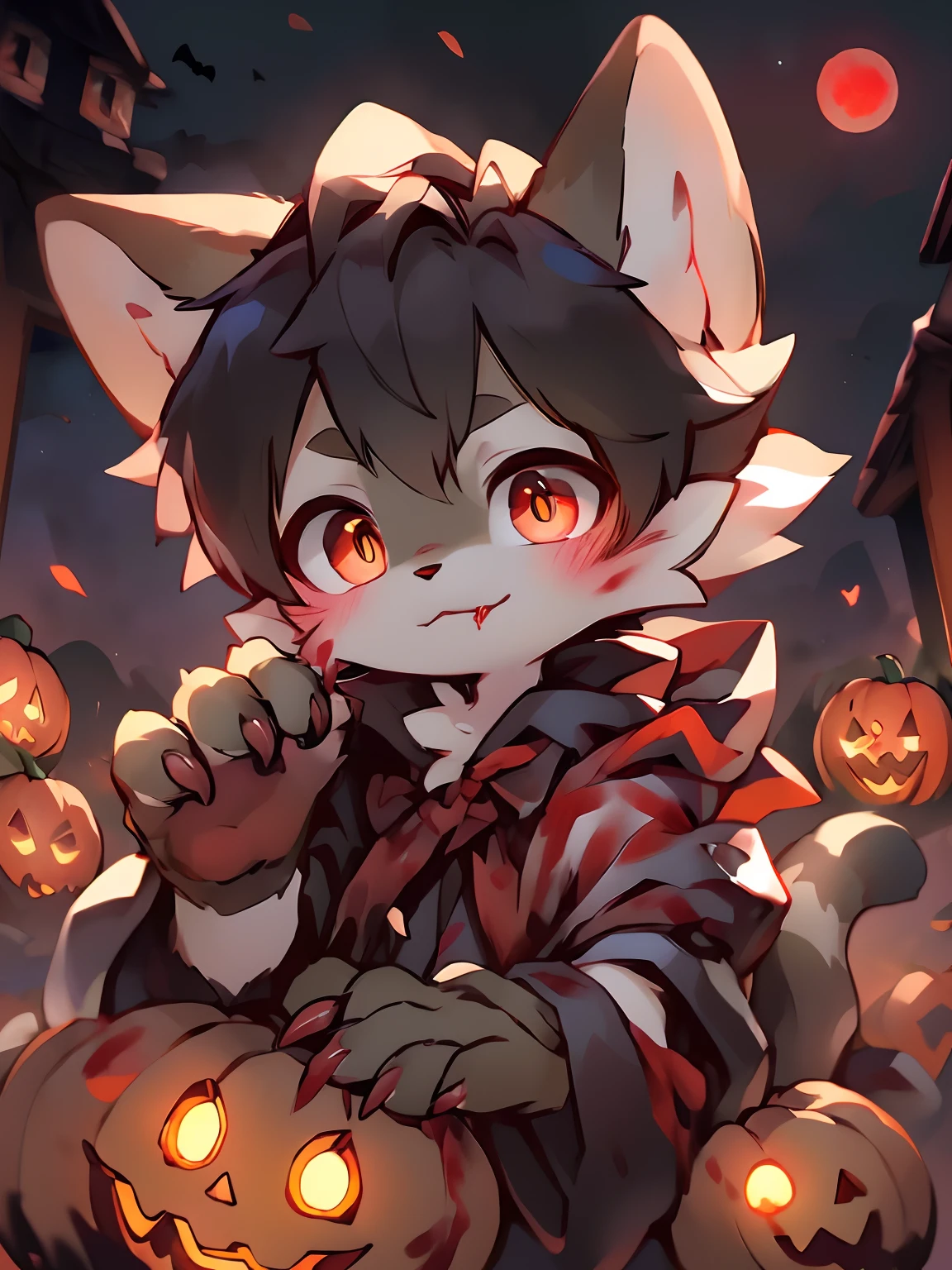 Masterpiece, Best quality, Bright eyes,, (Furry, coyote, Vampire costumes, Multicolored fur, Solo, Claws, Lick lip, blood in face, Halloween, Jack-o'-lantern, Night, Blood Moon,Masterpiece, Best quality, Bright eyes, , Furry, coyote, Vampire costumes, Multicolored fur, Solo, Claws, Lick lip, blood in face, Halloween, Jack-o'-lantern, Night, Blood Moon,(author：Puinki,By Artists:1.2),(author：Unreal Land,author：Sumi Kuroi,author：Milk Tiger 1145,author：Morkey,author：Emolga 1,Through the egg capsule:1.2)