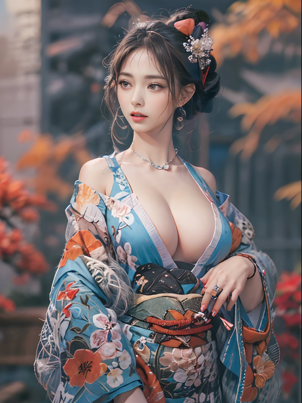 masutepiece, Best Quality, Illustration, Ultra-detailed, finely detail, hight resolution, 8K Wallpaper, Perfect dynamic composition, Beautiful detailed eyes, Kimono, Off-shoulder, cleavage, Full body