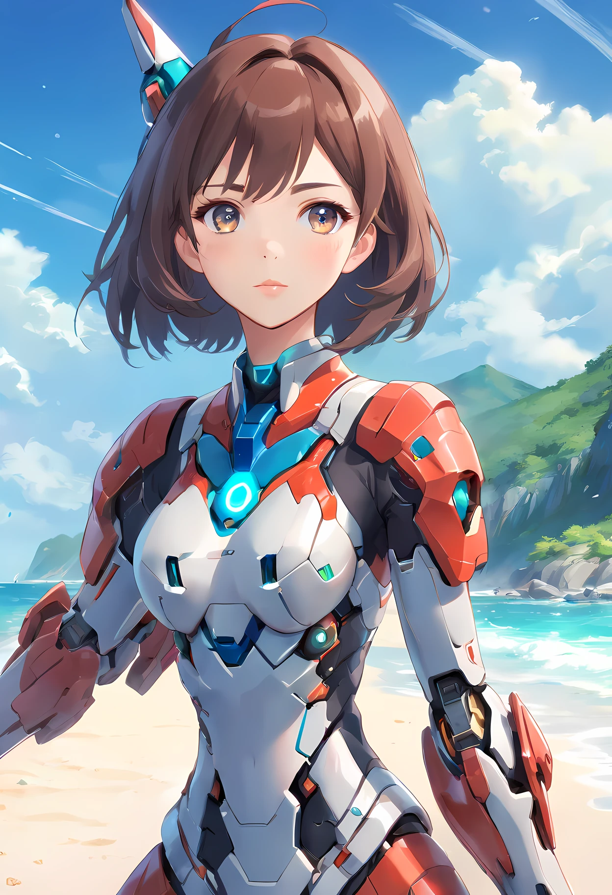 (((1mecha girl:1.3, solo))), (a bust shot of extremely pretty and beautiful milf:1.3), (22 years old: 1.1), (close bust image:1.5)), (sexy model standing pose:1.3), (arms up on head:1.3), view viewer, (Da Nang, Vietnam), (Da Nang Resort Beach:1.3), (front view:1.3), (looking straight at the viewer:1.3), close-up-photographed in a Canon EOS R5, 200mm Lens, F/2.8, break, (up-ponytail:1.3), (shiny-black thin hair:1.2), bangs, dark brown eyes, beautiful eyes, princess eyes, bangs, Hair between eyes, short hair:1.3, slender, (gigantic breasts:1.3, sagging breasts:1.3, disproportionate breasts;1.3), (thin waist: 1.3), (detailed beautiful girl: 1.4), Parted lips, Red lips, full-make-up face, (shiny skin), ((Perfect Female Body)), Perfect Anatomy, Perfect Proportions, (most beautiful Asian actress face:1.3, extremely cute and beautiful Korean idol face:1.3), (seductive emotion:1.3), (;p:1.3), BREAK, (wearing a mecha armor:1.3), detailed clothes, BREAK, white sand beach, private beach, blue ocean, blue sky, cloud, BREAK, (Realistic, Photorealistic: 1.37), (Masterpiece, Best Quality: 1.2), (Ultra High Resolution: 1.2), (RAW Photo: 1.2), (Sharp Focus: 1.3), (Face Focus: 1.2), (Ultra Detailed CG Unified 8k Wallpaper: 1.2), (Beautiful Skin: 1.2), (pale Skin:1.3), (Hyper Sharp Focus: 1.5), (Ultra Sharp Focus: 1.5), (Beautiful pretty face: 1.3), (super detailed background, detail background: 1.3), Ultra Realistic Photo, Hyper Sharp Image, Hyper Detail Image,
