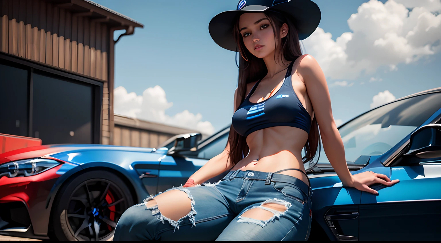 voluptuous body 19 year old girl ("Sarah Hyland", "Brooke Shields"), almond-shaped eyes, thick eyebrows, flushed cheeks, uncovered shoulders, overalls, "no shirt", (nearly without clothes:1.3), Hyperrealism, UHD, best quality, highres, high details, 8k, sharpen focus, field background
