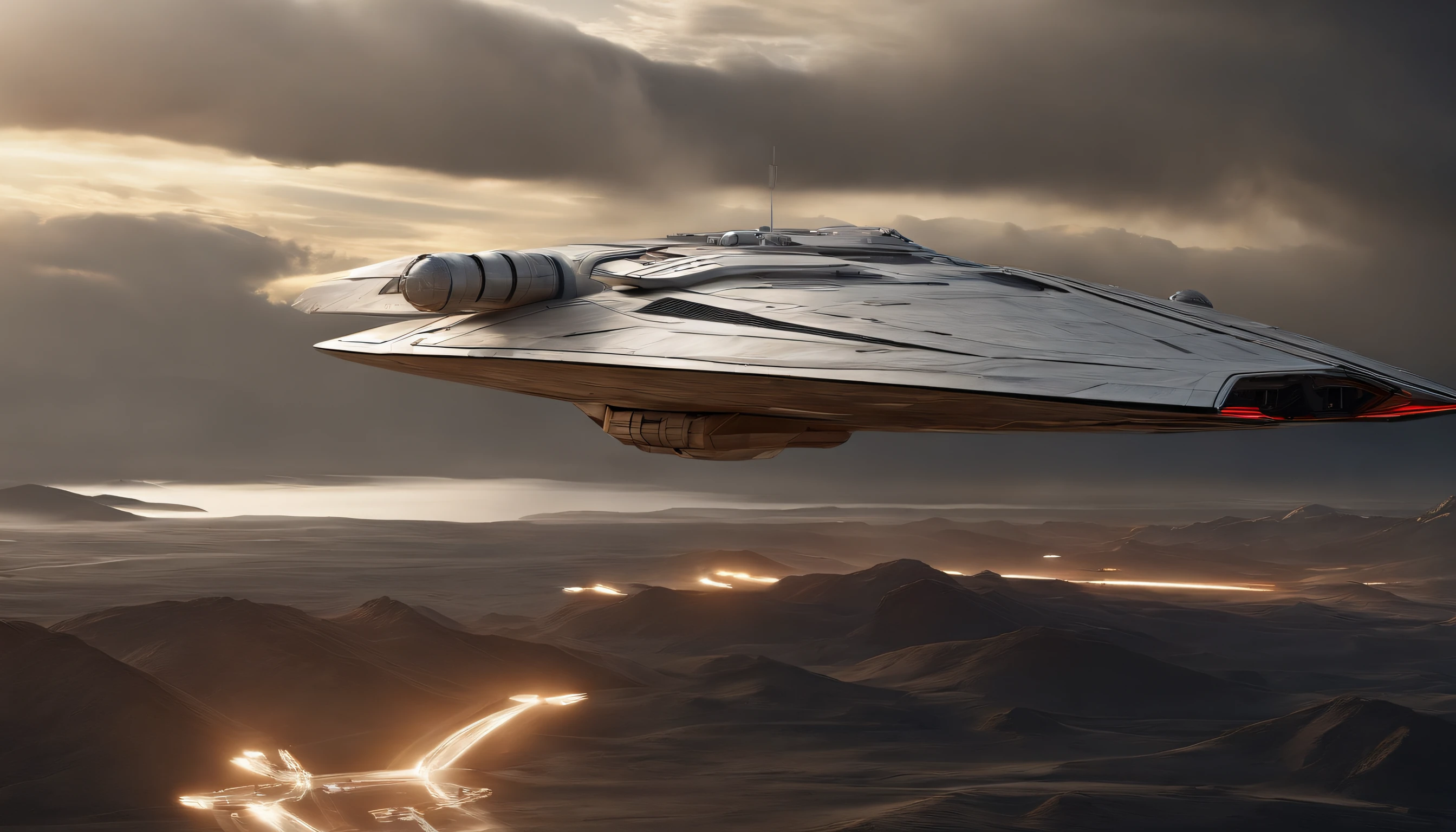 vista de longe ((Apenas uma, unique)) uma nave espacial, Estilo neves de ((star wars)) ((sem aeres)), de lucho, futurista, ((500 metros de comprimento)) ((5 metros, LARGURA)) ((uma aza na direita, uma aza na esquerda))blindagem, futurista, ouro, Branco, metal, Plano. Guerra Futurista, Flying through space ((sem corte)) (8k realista)