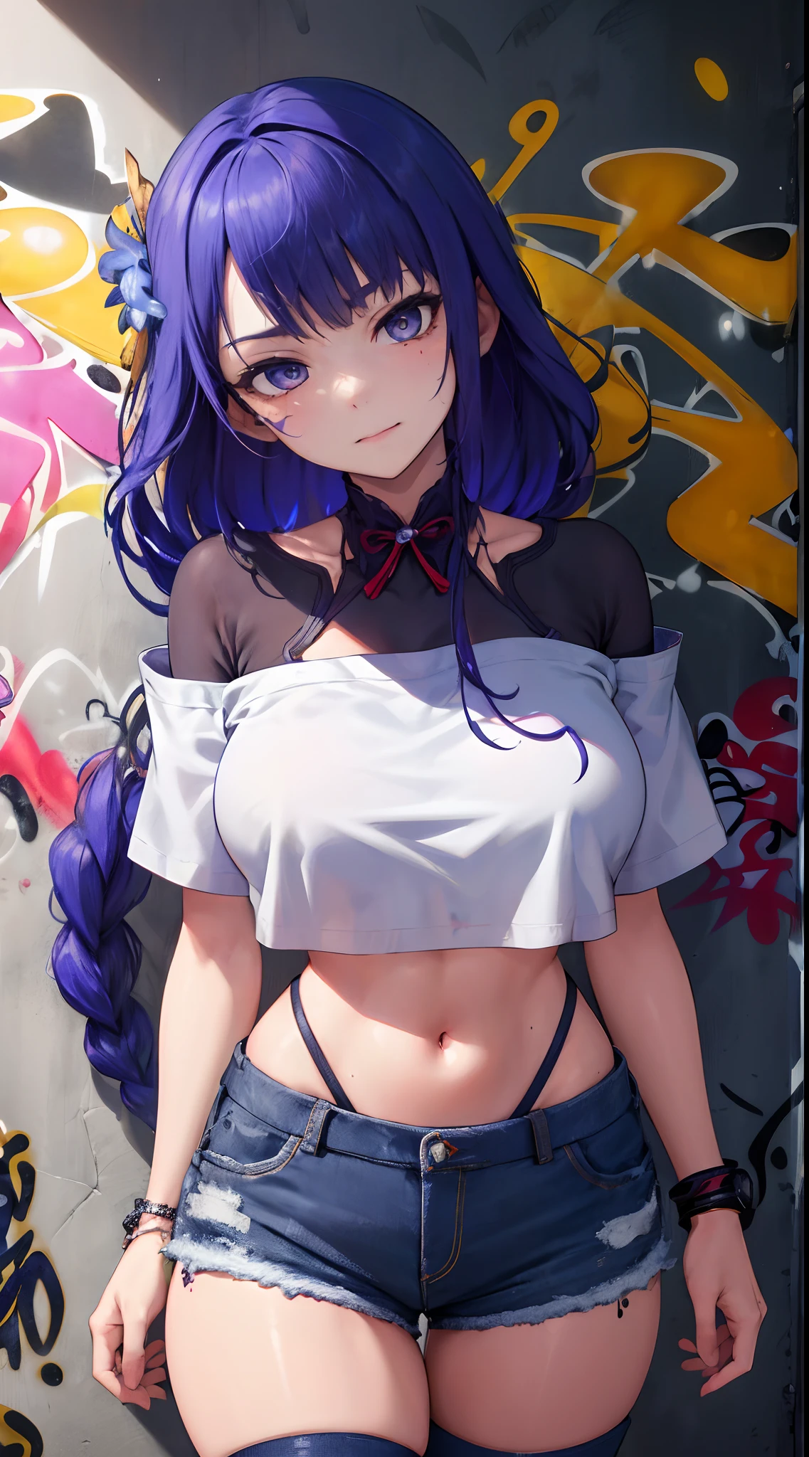 Kujou Sara Genshin Effect, masterpiece, bestquality, 1girls, bara, crop top, shorts jeans, choker, (Graffiti:1.5), color splashes, arm behind back, against wall, looking at the audience, bracelet, Thigh strap, Head tilt, bored, multicolored hair, water eyes, headset,