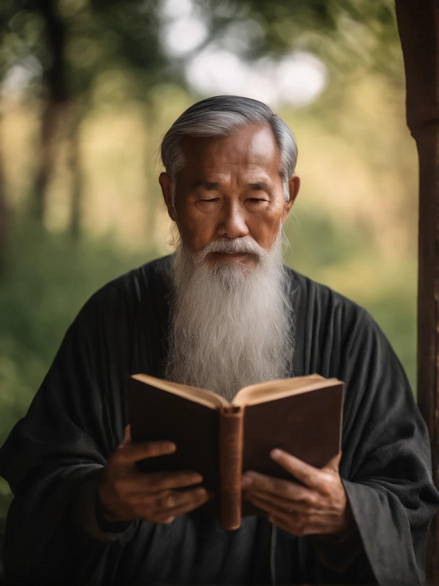 (Biblical times) On the left of the picture is an old man，Asian people，Holding a glowing book in his hand, To the right of the image is a terrifying demon (Biblical times) depth of fields, Bokeh, hentail realism, Fotorrealista, ultra-realistic realism, professional photoshooting, 8K  UHD , Digital SLR, hdr , Primary tablet, best qualityer, Granular film, photorealistic paintings, Fujifilm XT3