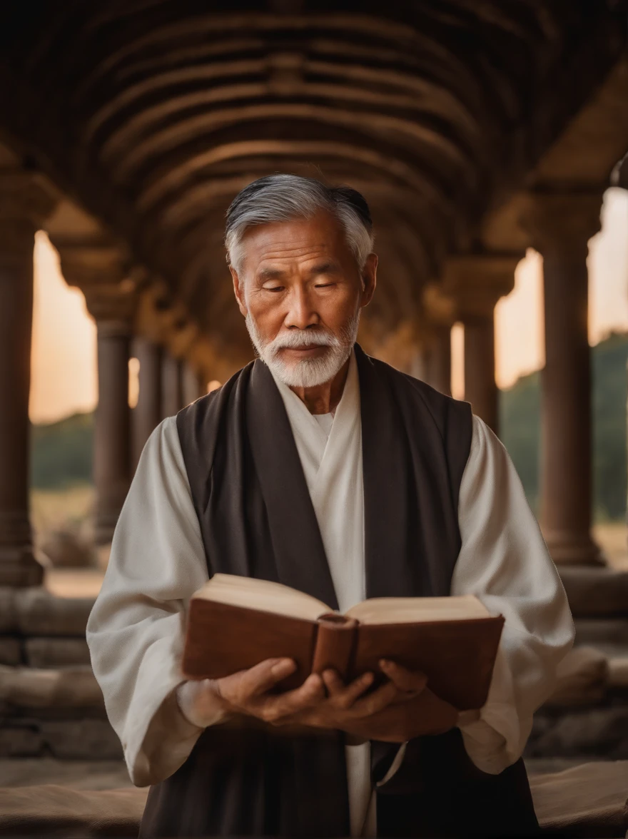 (Biblical times) On the left of the picture is an old man,Asian people,Holding a glowing book in his hand, To the right of the image is a terrifying demon (Biblical times) depth of fields, Bokeh, hentail realism, Fotorrealista, ultra-realistic realism, professional photoshooting, 8K UHD , Digital SLR, hdr , Primary tablet, best qualityer, Granular film, photorealistic paintings, Fujifilm XT3