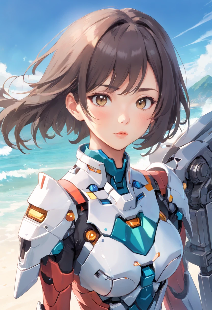 (((1mecha girl:1.3, solo))), (a bust shot of extremely pretty and beautiful milf:1.3), (22 years old: 1.1), (close bust image:1.5)), (sexy model standing pose:1.3), (arms up on head:1.3), view viewer, (Da Nang, Vietnam), (Da Nang Resort Beach:1.3), (front view:1.3), (looking straight at the viewer:1.3), close-up-photographed in a Canon EOS R5, 200mm Lens, F/2.8, break, (up-ponytail:1.3), (shiny-black thin hair:1.2), bangs, dark brown eyes, beautiful eyes, princess eyes, bangs, Hair between eyes, short hair:1.3, slender, (gigantic breasts:1.3, sagging breasts:1.3, disproportionate breasts;1.3), (thin waist: 1.3), (detailed beautiful girl: 1.4), Parted lips, Red lips, full-make-up face, (shiny skin), ((Perfect Female Body)), Perfect Anatomy, Perfect Proportions, (most beautiful Asian actress face:1.3, extremely cute and beautiful Korean idol face:1.3), (seductive emotion:1.3), (;p:1.3), BREAK, (wearing a mecha armor:1.3), detailed clothes, BREAK, white sand beach, private beach, blue ocean, blue sky, cloud, BREAK, (Realistic, Photorealistic: 1.37), (Masterpiece, Best Quality: 1.2), (Ultra High Resolution: 1.2), (RAW Photo: 1.2), (Sharp Focus: 1.3), (Face Focus: 1.2), (Ultra Detailed CG Unified 8k Wallpaper: 1.2), (Beautiful Skin: 1.2), (pale Skin:1.3), (Hyper Sharp Focus: 1.5), (Ultra Sharp Focus: 1.5), (Beautiful pretty face: 1.3), (super detailed background, detail background: 1.3), Ultra Realistic Photo, Hyper Sharp Image, Hyper Detail Image,
