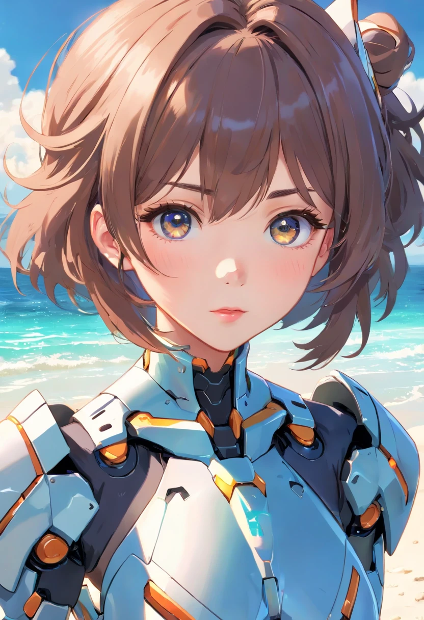 (((1mecha girl:1.3, solo))), (a bust shot of extremely pretty and beautiful milf:1.3), (22 years old: 1.1), (close bust image:1.5)), (sexy model standing pose:1.3), (arms up on head:1.3), view viewer, (Da Nang, Vietnam), (Da Nang Resort Beach:1.3), (front view:1.3), (looking straight at the viewer:1.3), close-up-photographed in a Canon EOS R5, 200mm Lens, F/2.8, break, (up-ponytail:1.3), (shiny-black thin hair:1.2), bangs, dark brown eyes, beautiful eyes, princess eyes, bangs, Hair between eyes, short hair:1.3, slender, (gigantic breasts:1.3, sagging breasts:1.3, disproportionate breasts;1.3), (thin waist: 1.3), (detailed beautiful girl: 1.4), Parted lips, Red lips, full-make-up face, (shiny skin), ((Perfect Female Body)), Perfect Anatomy, Perfect Proportions, (most beautiful Asian actress face:1.3, extremely cute and beautiful Korean idol face:1.3), (seductive emotion:1.3), (;p:1.3), BREAK, (wearing a mecha armor:1.3), detailed clothes, BREAK, white sand beach, private beach, blue ocean, blue sky, cloud, BREAK, (Realistic, Photorealistic: 1.37), (Masterpiece, Best Quality: 1.2), (Ultra High Resolution: 1.2), (RAW Photo: 1.2), (Sharp Focus: 1.3), (Face Focus: 1.2), (Ultra Detailed CG Unified 8k Wallpaper: 1.2), (Beautiful Skin: 1.2), (pale Skin:1.3), (Hyper Sharp Focus: 1.5), (Ultra Sharp Focus: 1.5), (Beautiful pretty face: 1.3), (super detailed background, detail background: 1.3), Ultra Realistic Photo, Hyper Sharp Image, Hyper Detail Image,