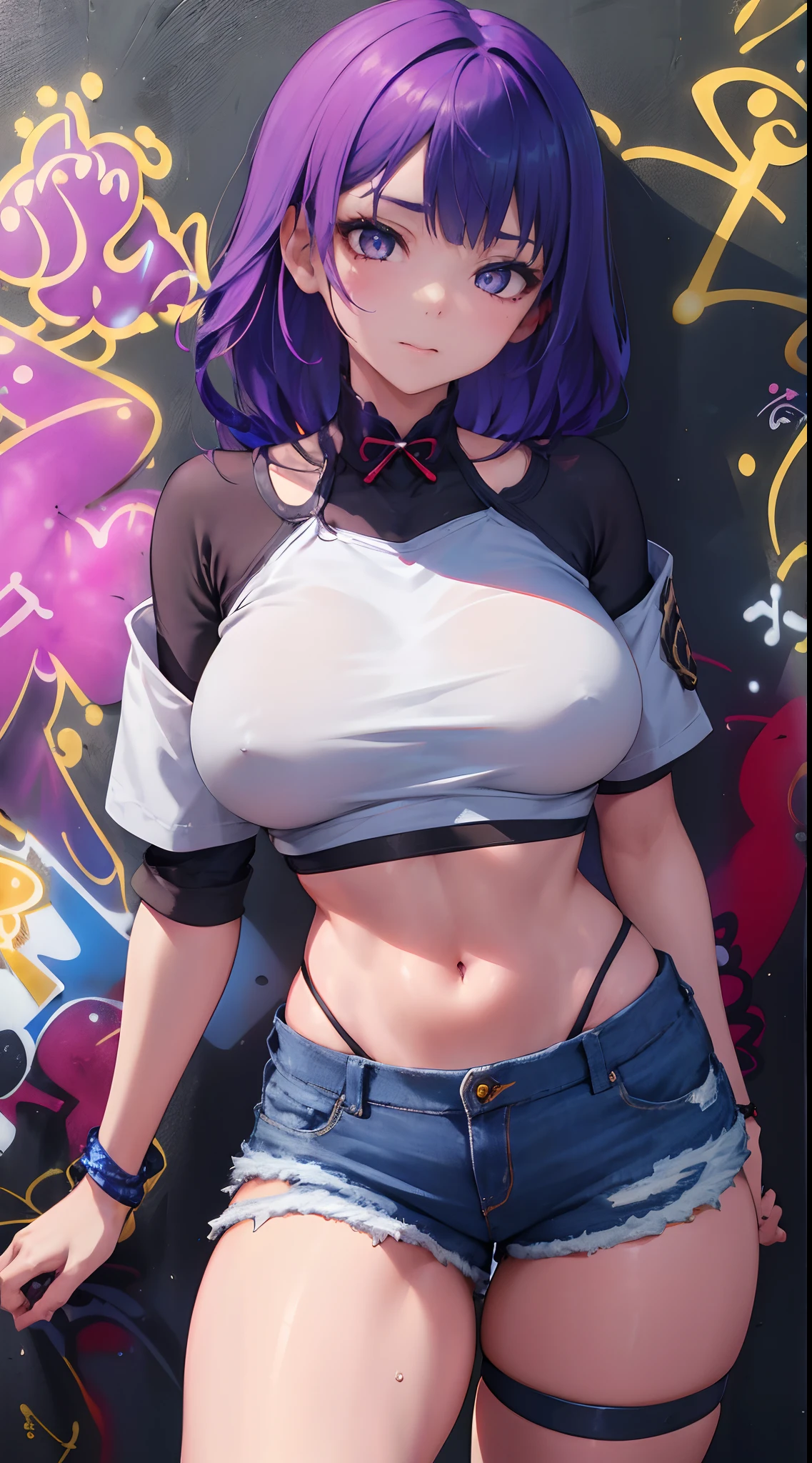 Kujou Sara Genshin Effect, masterpiece, bestquality, 1girls, bara, crop top, shorts jeans, choker, (Graffiti:1.5), color splashes, arm behind back, against wall, looking at the audience, bracelet, Thigh strap, Head tilt, bored, multicolored hair, water eyes, headset,