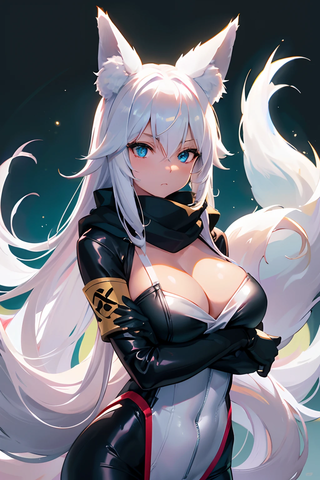 Kitsune, long white hair, fluffy white fox ears, fox tails, tan skin, bright blue eyes, black tactical bodysuit, secret agent, modern apartment, hair swept back, cleavage, large breasts, green scarf