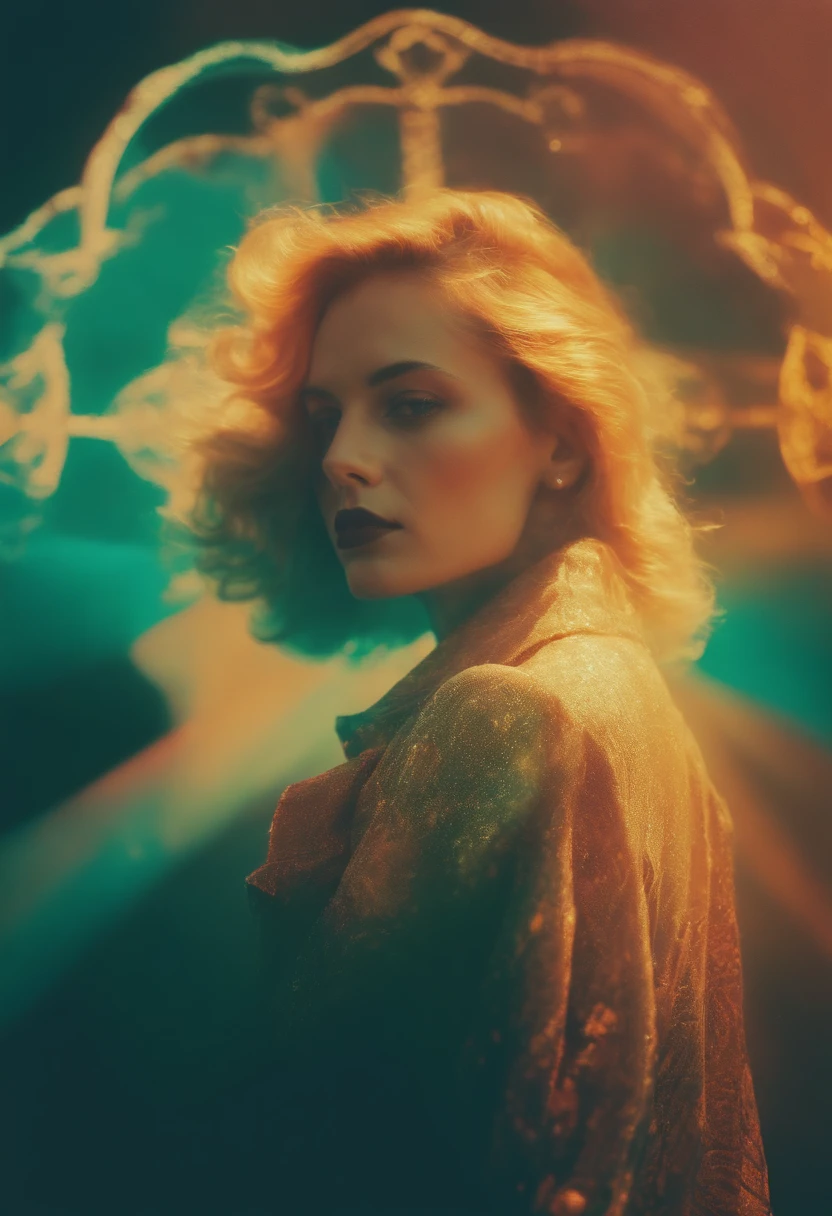 surreal vintage lofi conceptual fashion photography, psychedelic cross-processing multiple-exposure solargram, strong intentional camera movement