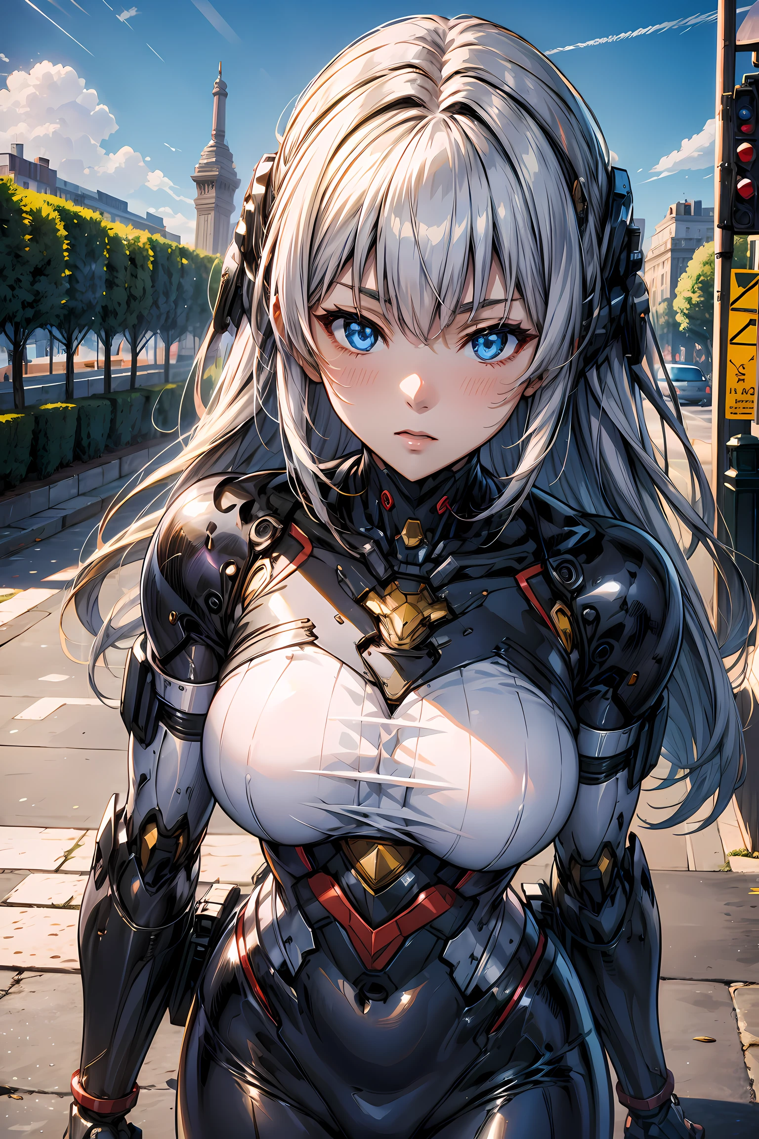 Cyborg girl、mecha musume、Beam from the eye towards the Arc de Triomphe from the sky、