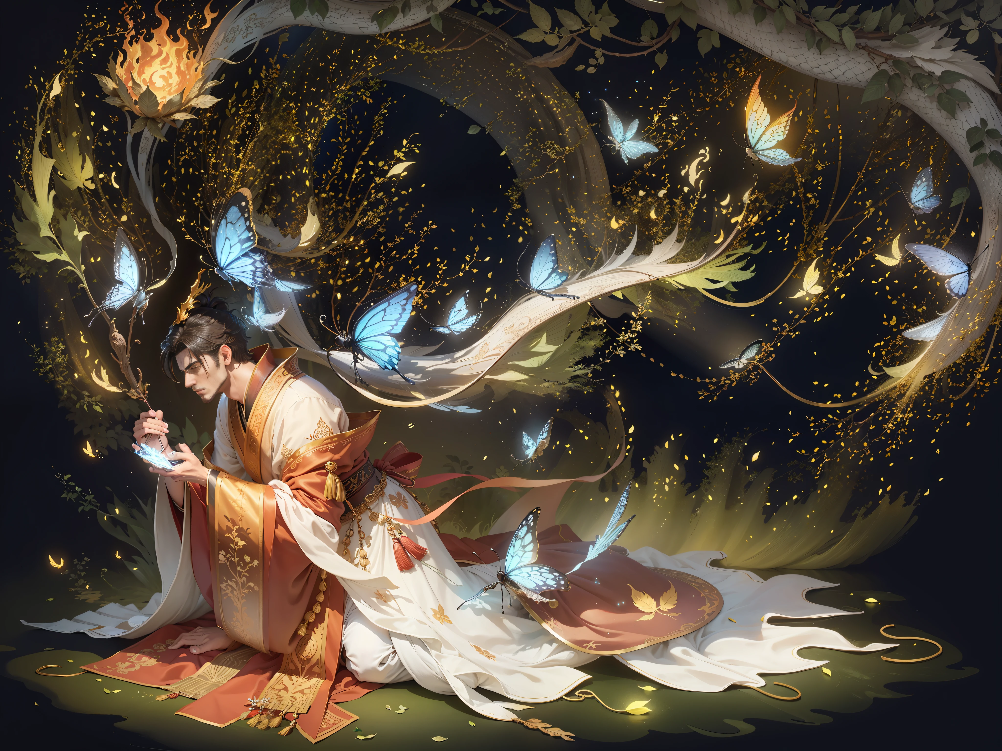 Masterpiece, best quality, authentic, completely real, (((((a handsome male)))), ancient Chinese imperial robes, majestic and domineering, tall and slender, phoenix eyes, dragon lin, sunshine, clear face, masterpiece, super detail, movie composition, ultra hd, high quality, extremely detailed, official art, uniform 8k wallpaper, super detail, (very detailed CG unity 8k wallpaper), (best quality), (best illustration), (best shadow), UI interface border design with forest theme with natural elements. Avatar frame designed as round, surrounded by delicate leaves and branches, with fireflies and glowing particle effects, (UI interface box design), (natural elements), (jungle theme), (square), (leaves), (branches), (fireflies), butterflies, (delicate leaves), (glow), (particle effects), isometric 3D, Octane rendering, ray tracing, super detailed