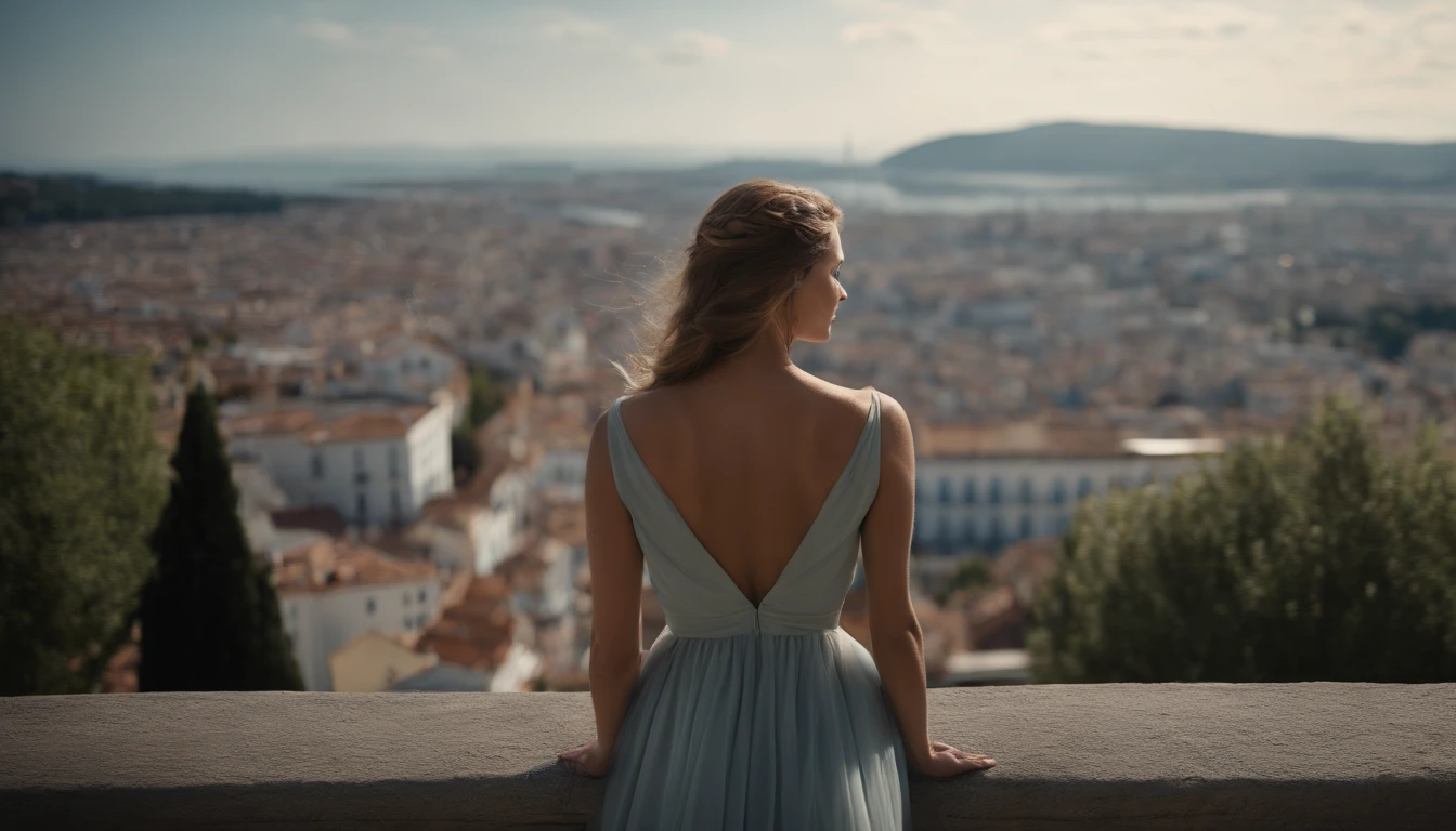 greek myth, mito, (Full body lens: 1.0), Dutch angle, Back to back, 1 female, full bodyesbian, fly in sky,European city in background, ultra-wide-angle, High-altitude overlooking, Perspective