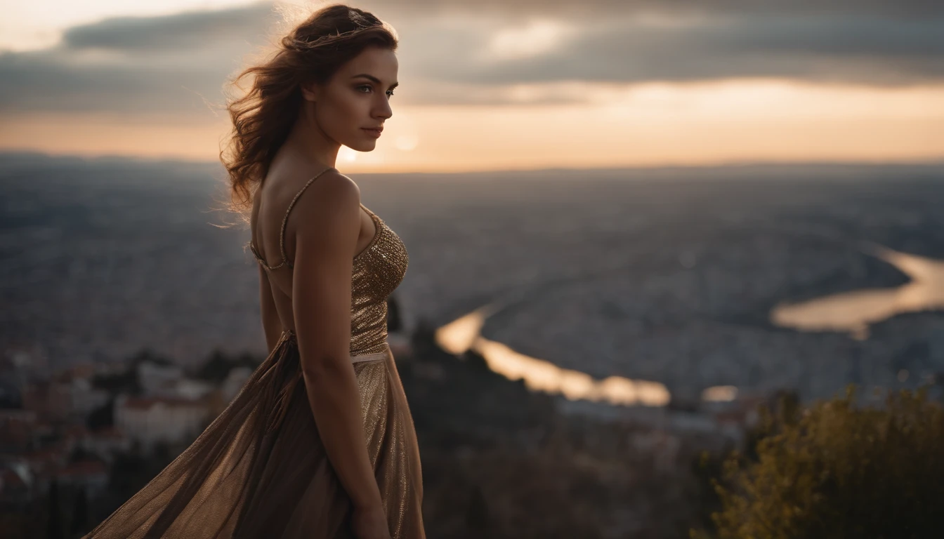 greek myth, mito, (Full body lens: 1.0), Dutch angle, Back to back, 1 female, full bodyesbian, fly in sky,European city in background, ultra-wide-angle, High-altitude overlooking, Perspective