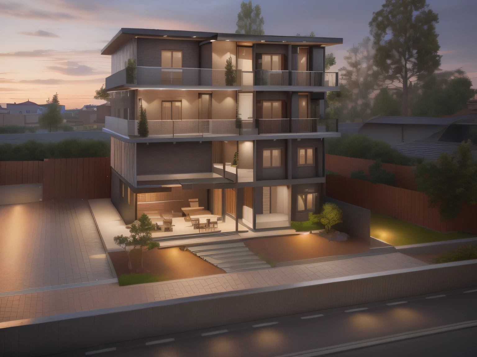 modernvilla, mabuilding, front, architecture, brick and metal, photo of a house, architecture, beautiful, masterpiece, best quality, super detailed, realistic, photorealistic, 8k, sharp focus