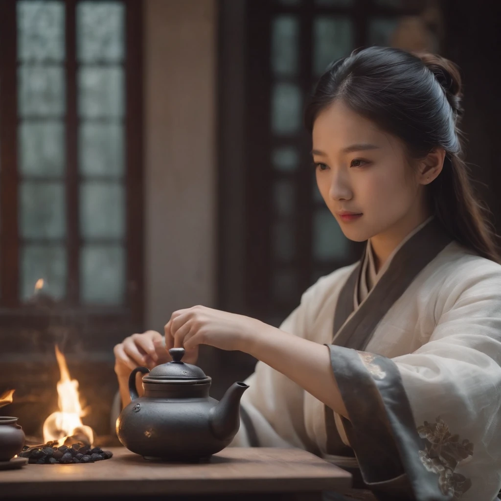 Snowy days,In the Lake Pavilion,Girl in Hanfu standing next to the teapot, Boiling a teapot over a charcoal fire on the stove