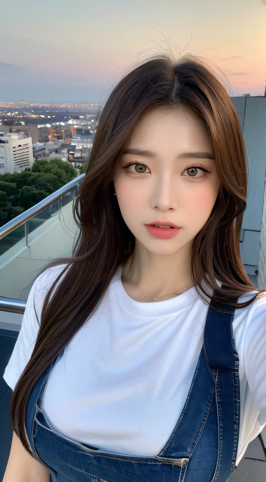 ((Midnight, Best quality, 8k, Masterpiece :1.3)), Whole body, Long legs, Sharp focus :1.2, A pretty woman with perfect figure :1.4, Slender abs :1.1, ((Dark brown hair, Big breasts :1.2)), (White tight tshirt, Jean bib, Standing:1.2), ((Night city view, Rooftop:1.3)), Highly detailed face and skin texture, Detailed eyes, Double eyelid