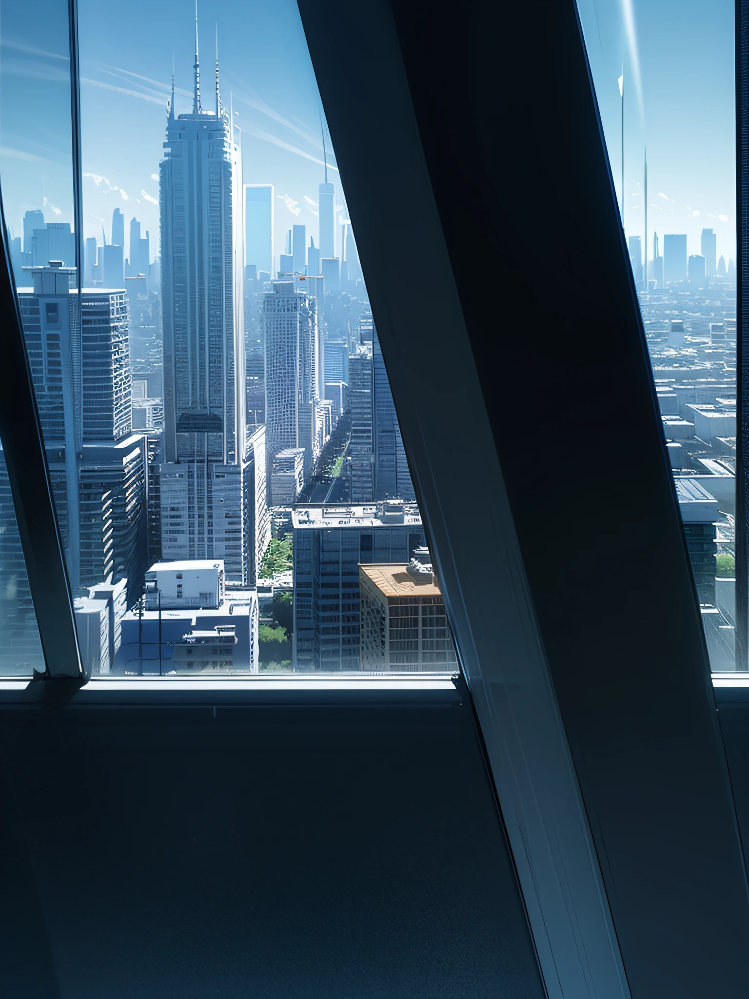 Glass skyscrapers in the middle of a concrete city, day, sun