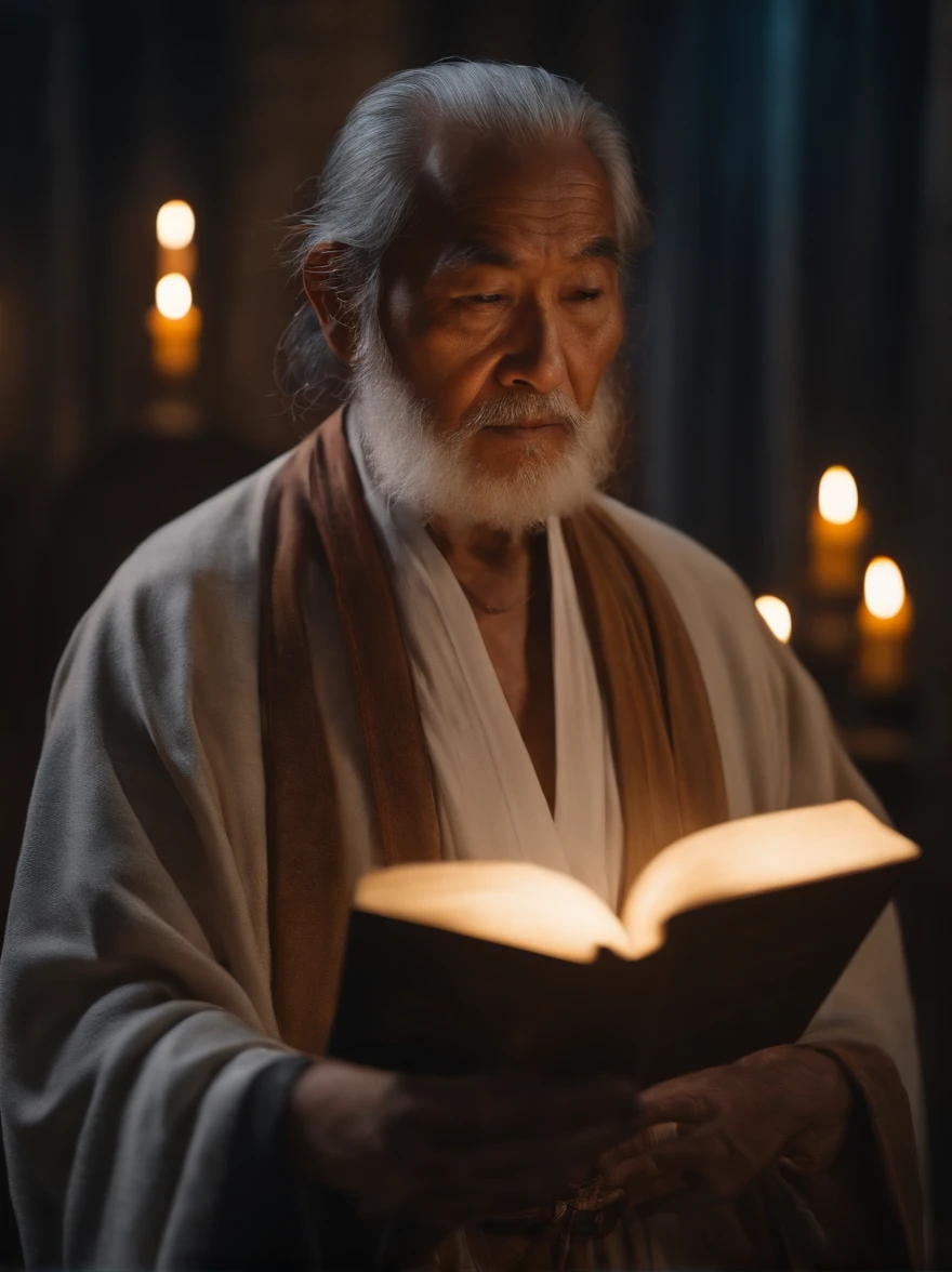 (Biblical times) On the left is an old man,Asian people,Holding a glowing book in his hand, To the right of the image is a terrifying demon (Biblical times) depth of fields, Bokeh, hentail realism, Fotorrealista, ultra-realistic realism, professional photoshooting, 8K UHD , Digital SLR, hdr , Primary tablet, best qualityer, Granular film, photorealistic paintings, Fujifilm XT3