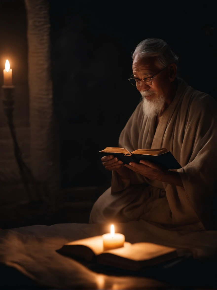 (Biblical times) On the left is an old man，Asian people，Holding a glowing book in his hand, To the right of the image is a terrifying demon (Biblical times) depth of fields, Bokeh, hentail realism, Fotorrealista, ultra-realistic realism, professional photoshooting, 8K  UHD , Digital SLR, hdr , Primary tablet, best qualityer, Granular film, photorealistic paintings, Fujifilm XT3