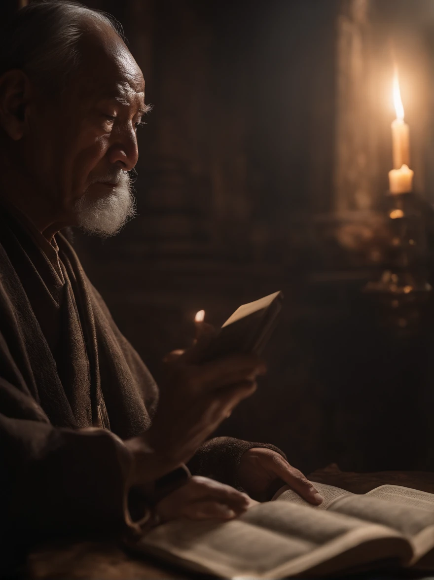 (Biblical times) On the left is an old man,Asian people,Holding a glowing book in his hand, To the right of the image is a terrifying demon (Biblical times) depth of fields, Bokeh, hentail realism, Fotorrealista, ultra-realistic realism, professional photoshooting, 8K UHD , Digital SLR, hdr , Primary tablet, best qualityer, Granular film, photorealistic paintings, Fujifilm XT3