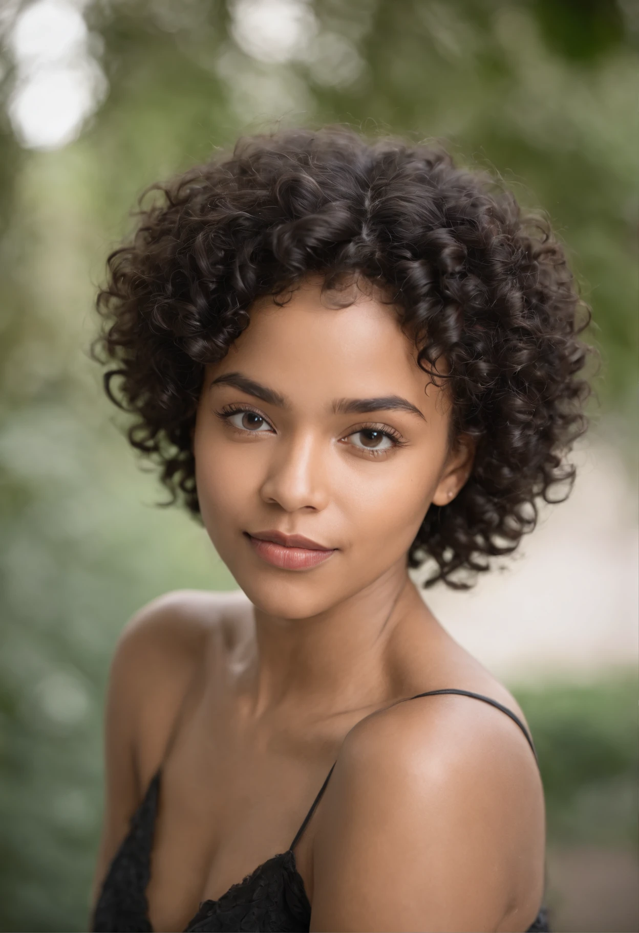 African-American girl about 30 years old 8 inches long curly hair, curly and short top hair, Short black curly hair, Short curly hair, curly bang, very short curly hair,  Messy curls, Curly Black Hair Natural black hair