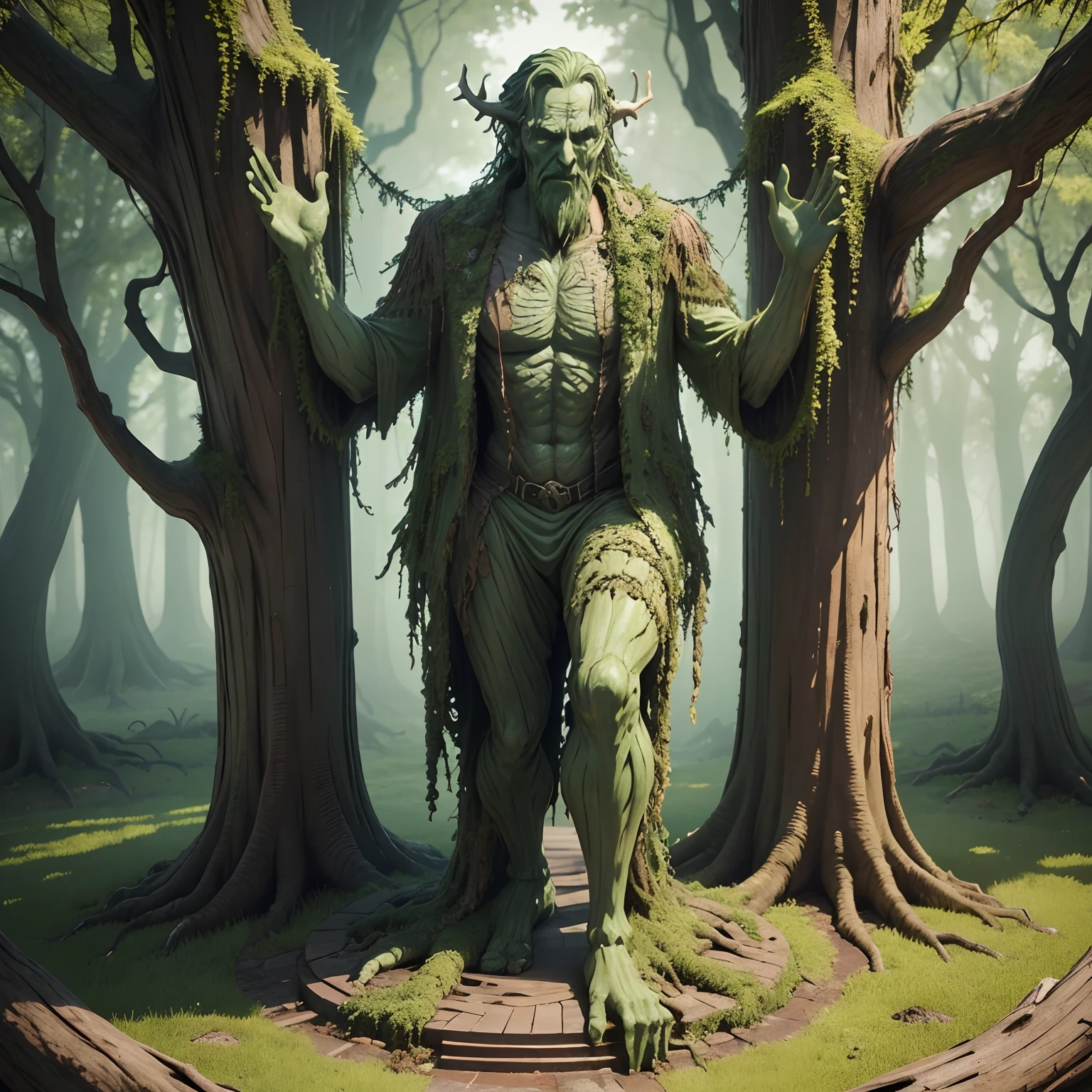 Close-up of a monster figurine reaching out, Statue inspired by Edgar Schofield Baum, reddit, mingei, of an evil tree wizard, treebeard, ent treant dryad, gnoll, Spriggans, Oak fused with vines, Demonfangnor, Humblewood Art Style, Fire Golem Creature, tree druid, 3D illustration of zombie man in green costume, Statue inspired by Igor Morski, shutterstock, conceptual art, People made of wood, He is covered with barnacles, Oak fused with vines, Deformed human body, About the swamp, Green Man, Humanoid Creatures, Mossy statue of Nicolas Cage, A towering giant made of zombies, treebeard,
