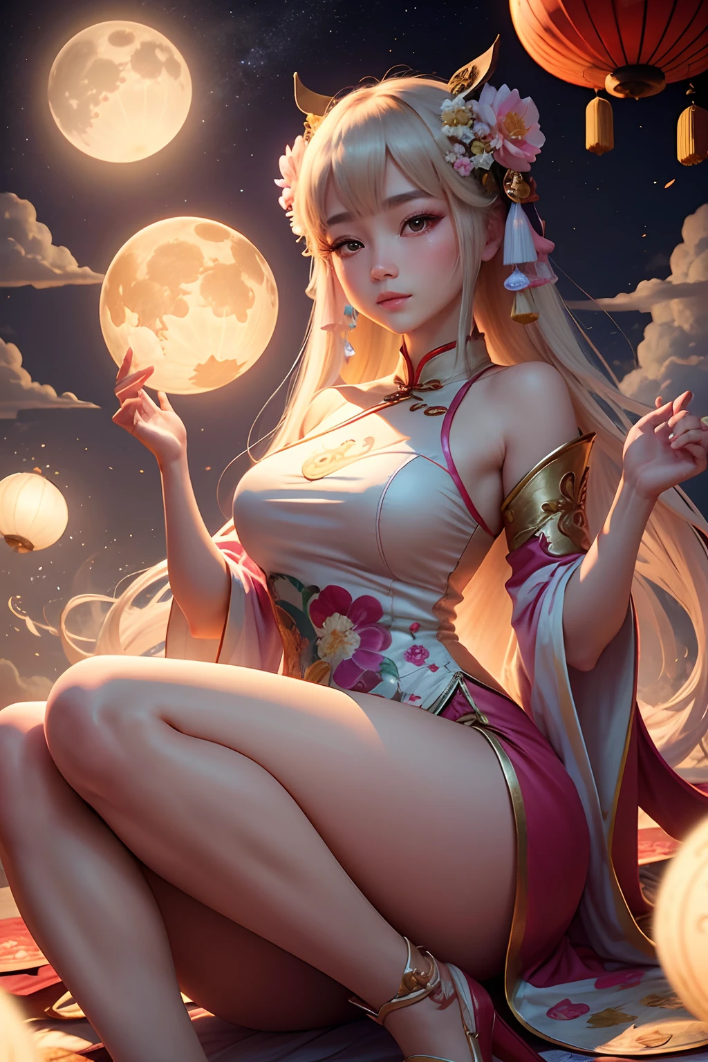 Mid-Autumn Festival poster，Beautiful fairy Chang'e，18yr old，Wearing Chinese costumes，She was enjoying the flowers，Moon cake，adorable rabbit，Auspicious clouds，Behind the huge moon，a warm color palette，pale blonde，Abstract screen，ultra-realistic realism，3d effect，Disney  style，clear contour light，rim-light，fanciful，bright spots，8k