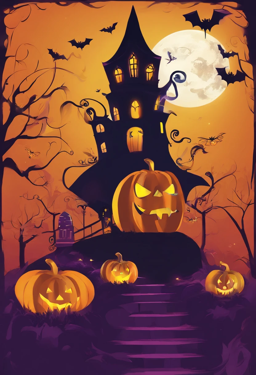 Halloween Elements, Digital Art: Black bat, Spooky pumpkin ghost, Spooky Moon, Ghost Broom, Purple Line Witch Talking Hat, Spider with yellow and black stripes, Witch's Castle, Magic black background, Minimalistic images with exclusive sticker illustrations