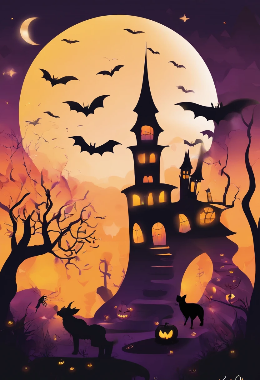 Halloween Elements, Digital Art: Black bat, Spooky pumpkin ghost, Spooky Moon, Ghost Broom, Purple Line Witch Talking Hat, Spider with yellow and black stripes, Witch's Castle, Magic black background, Minimalistic images with exclusive sticker illustrations